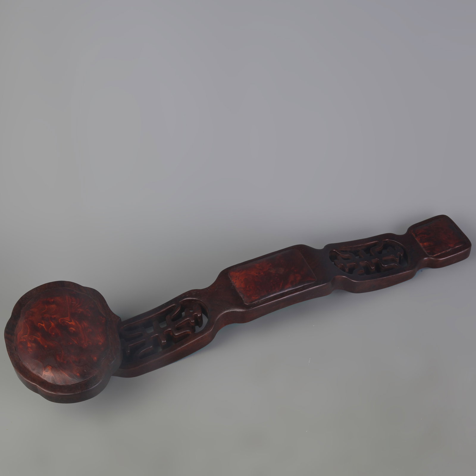 A HARDWOOD AND BURLWOOD-INLAID RUYI SCEPTER