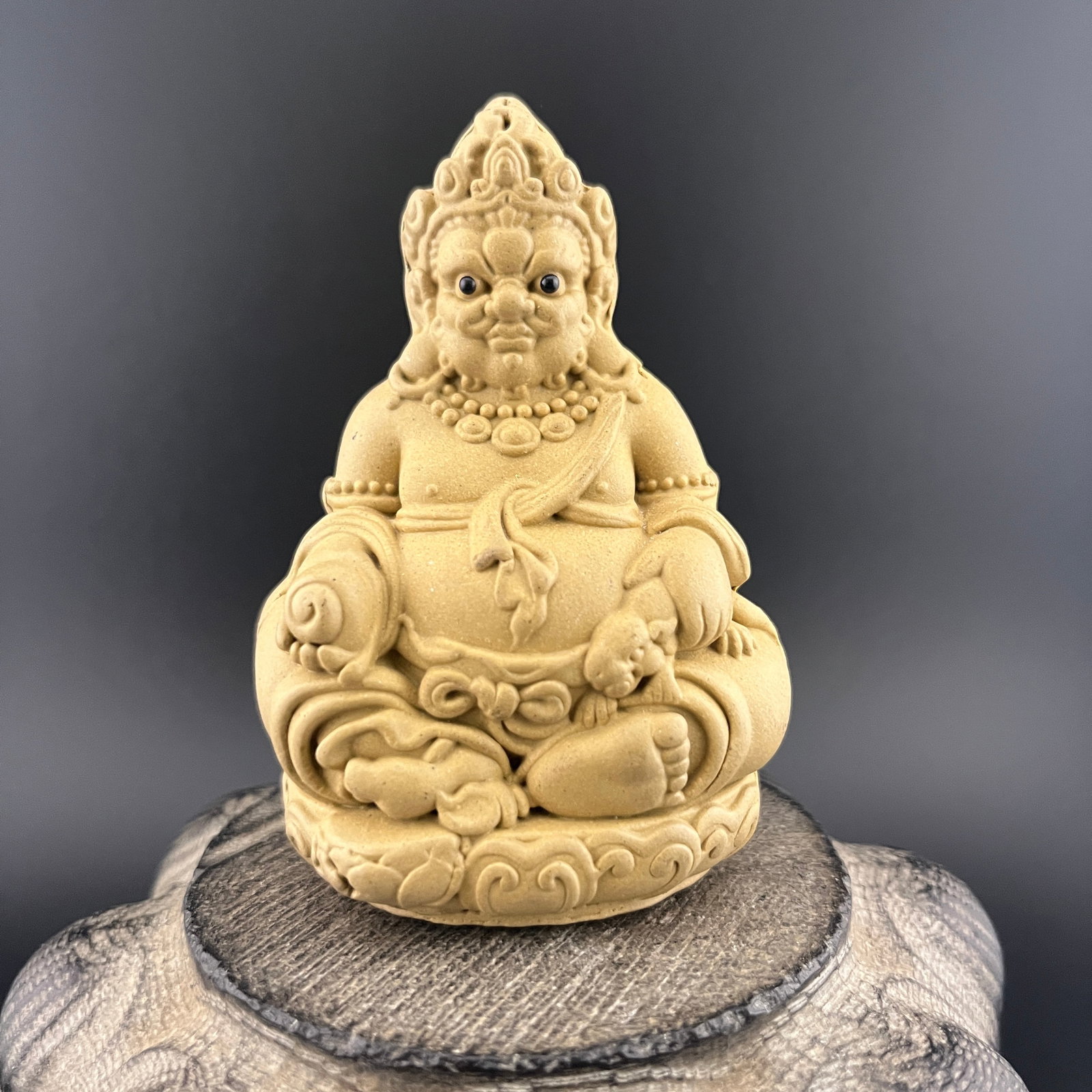 CHINESE YIXING ZISHA CLAY STATUE OF JAMBHALA: Modern; Long: 1.7 inch; Width: 2.2 inch; High: 3.2 inch; . Wooden base for display only