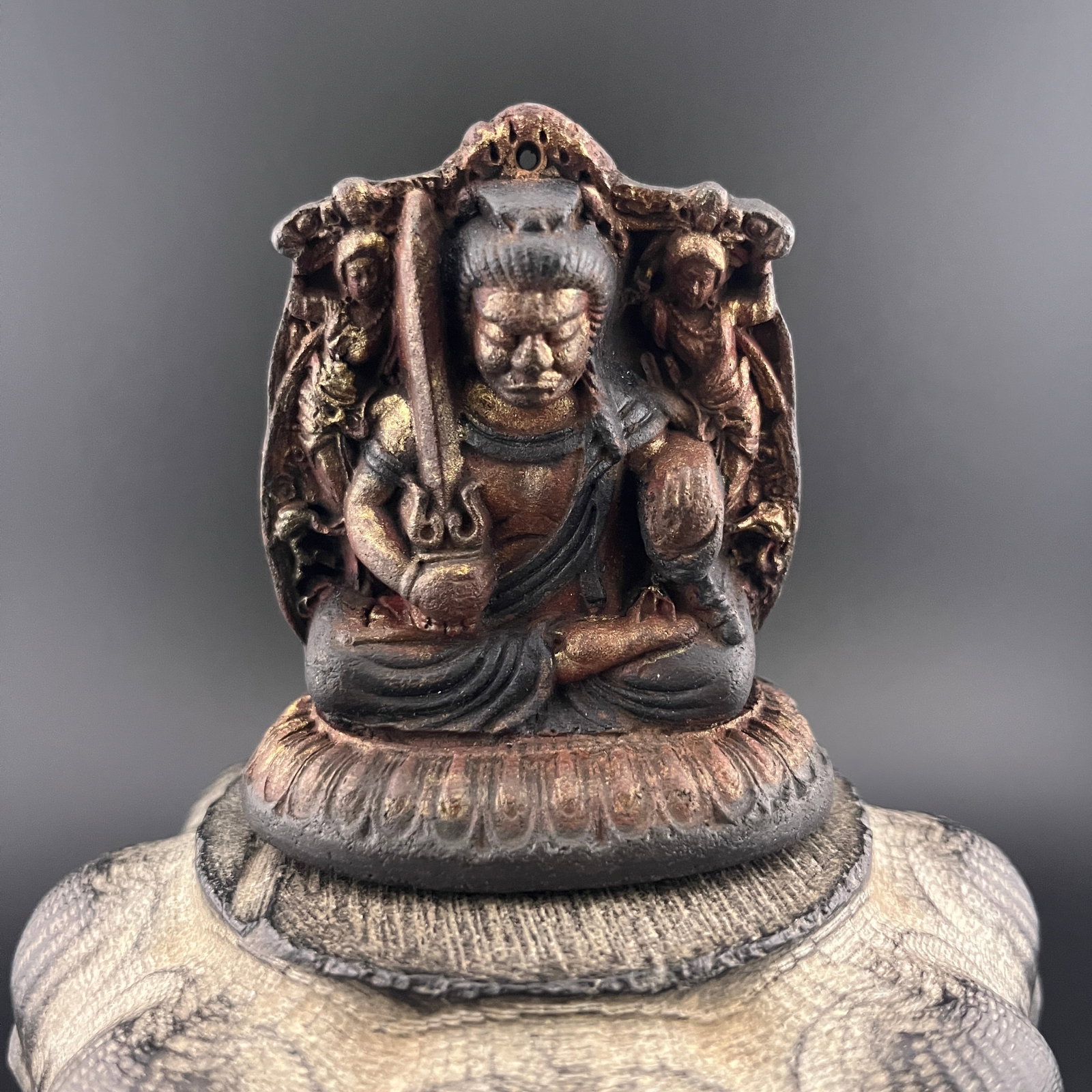 SMALL PATINATED WOOD FIGURE OF FUDO MYOO: Republic Period; Width: 2.49 inch; High: 2.88 inch; . Wooden base for display only
