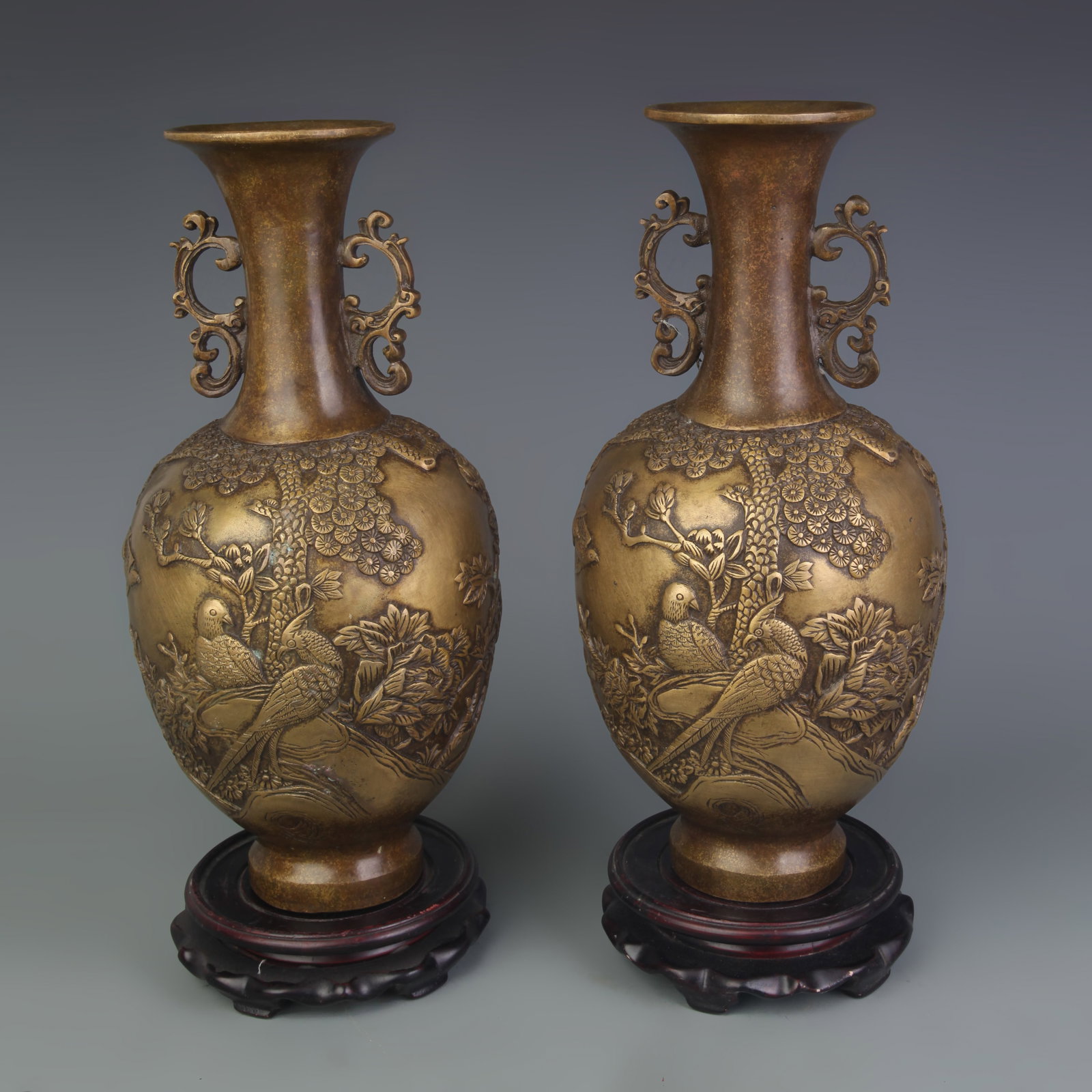 PAIR OF BRONZE DOUBLE-EAR BIRD AND FLOWER PATTERN VASES