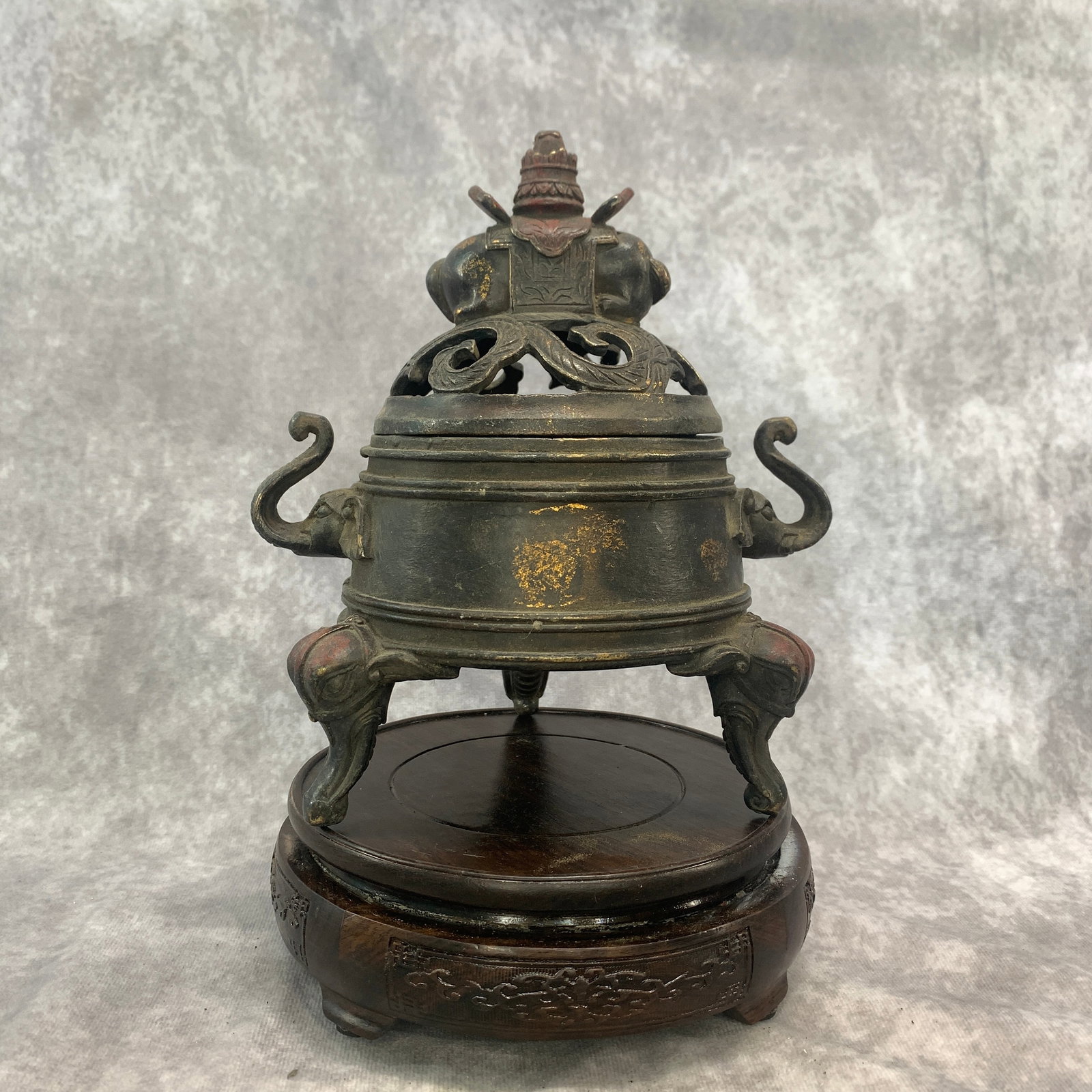 BRONZE ELEPHANT-HANDLED TRIPOD INCENSE BURNER