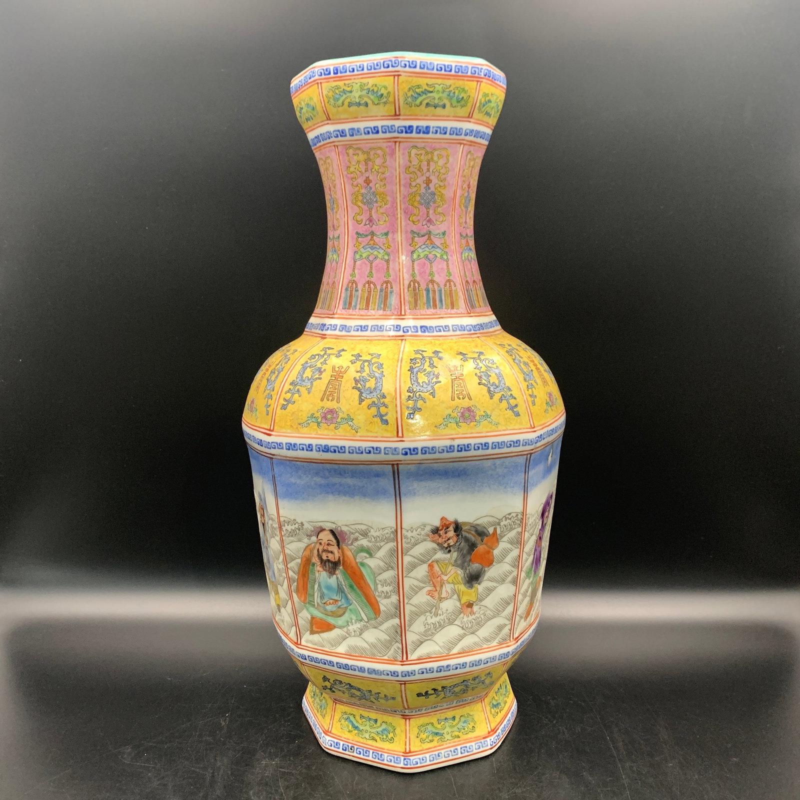 A FAMILLE-ROSE YELLOW AND PINK-GROUND OCTAGONAL VASE
