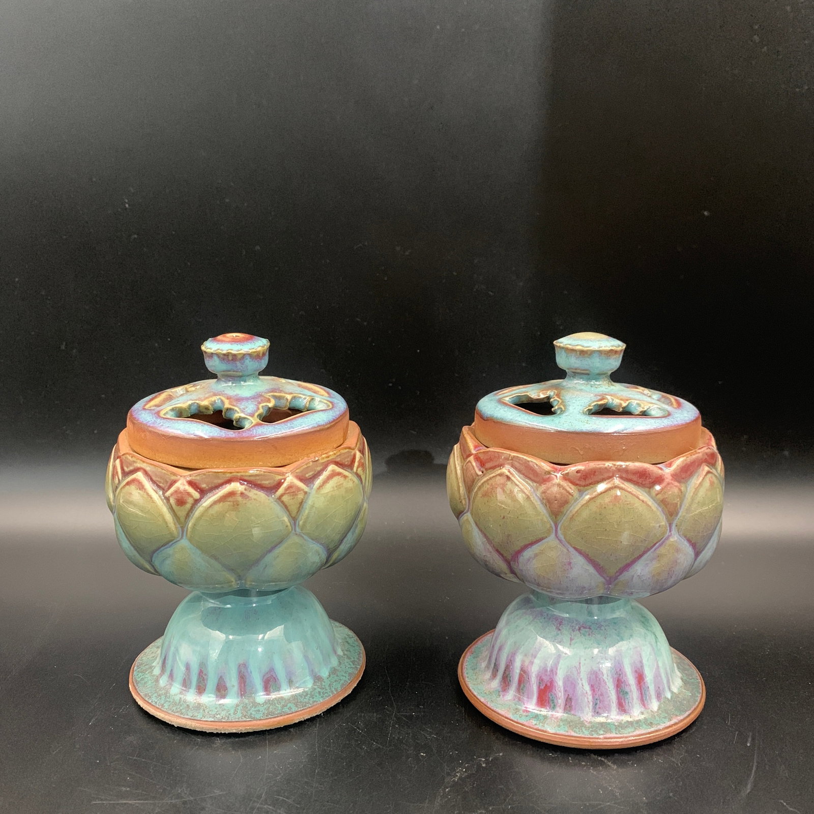 PAIR OF JUN-STYLE GLAZED MOLDED LOTUS PORCELAIN CENSERS: Republic Period; High: 5.5 inch; Diameter: 3.8 inch