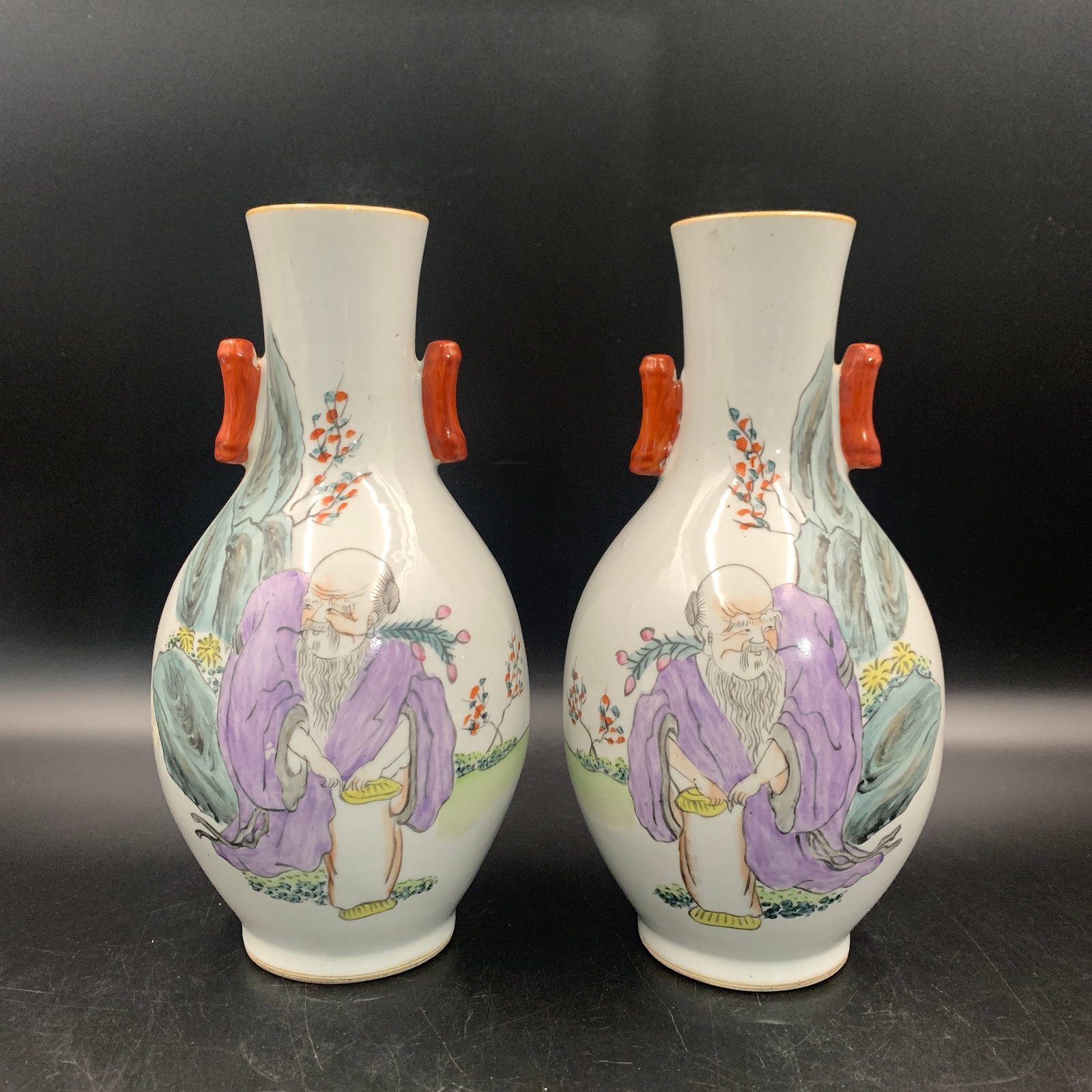 PAIR OF FAMILLE ROSE LAOZI IMMORTAL ELDER BALUSTER VASES