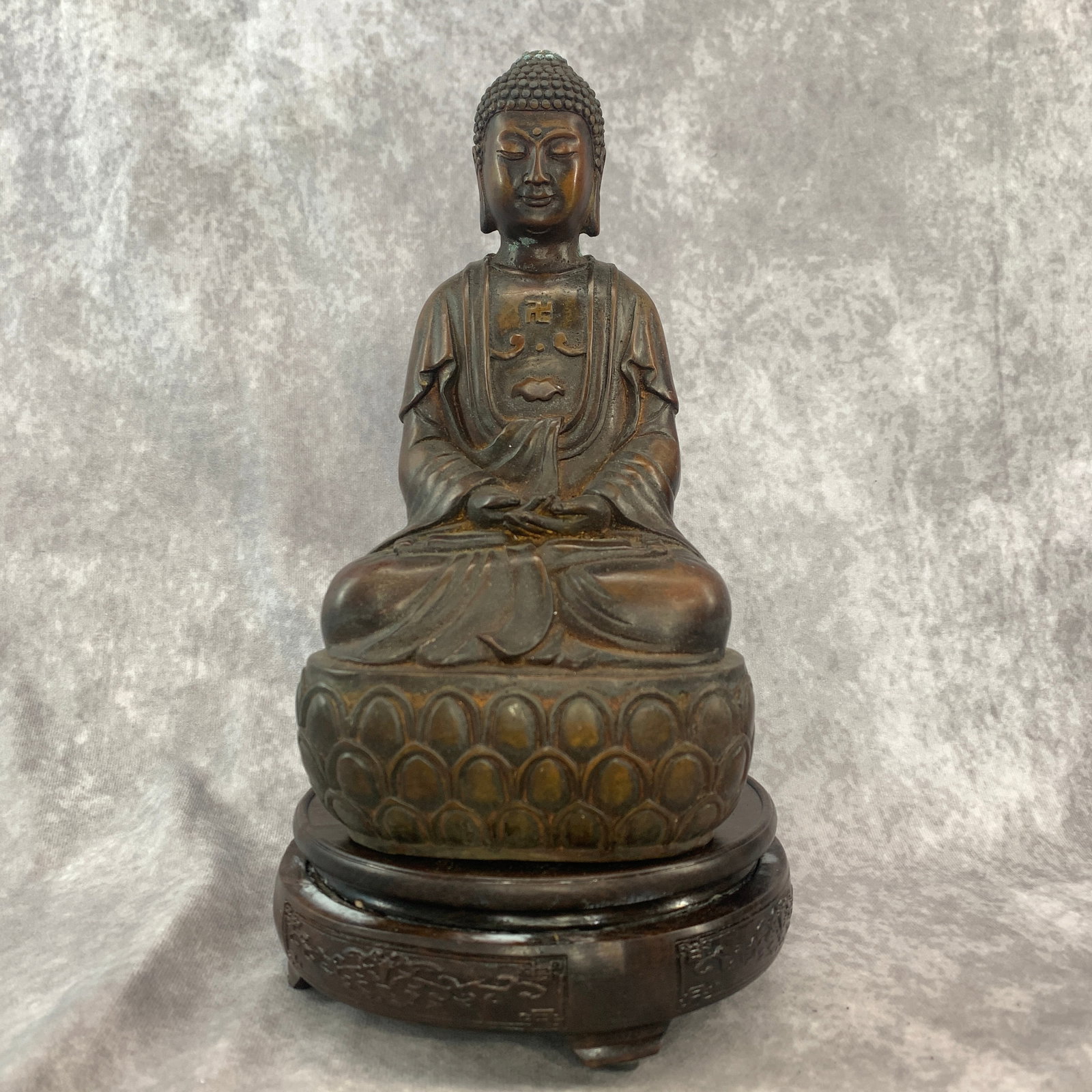 BRONZE STATUE OF AMITABHA BUDDHA ON A LOTUS THRONE: Qing Dynasty; Long: 5.3 inch; Width: 4.3 inch; High: 9.6 inch; Wooden base for diplay only