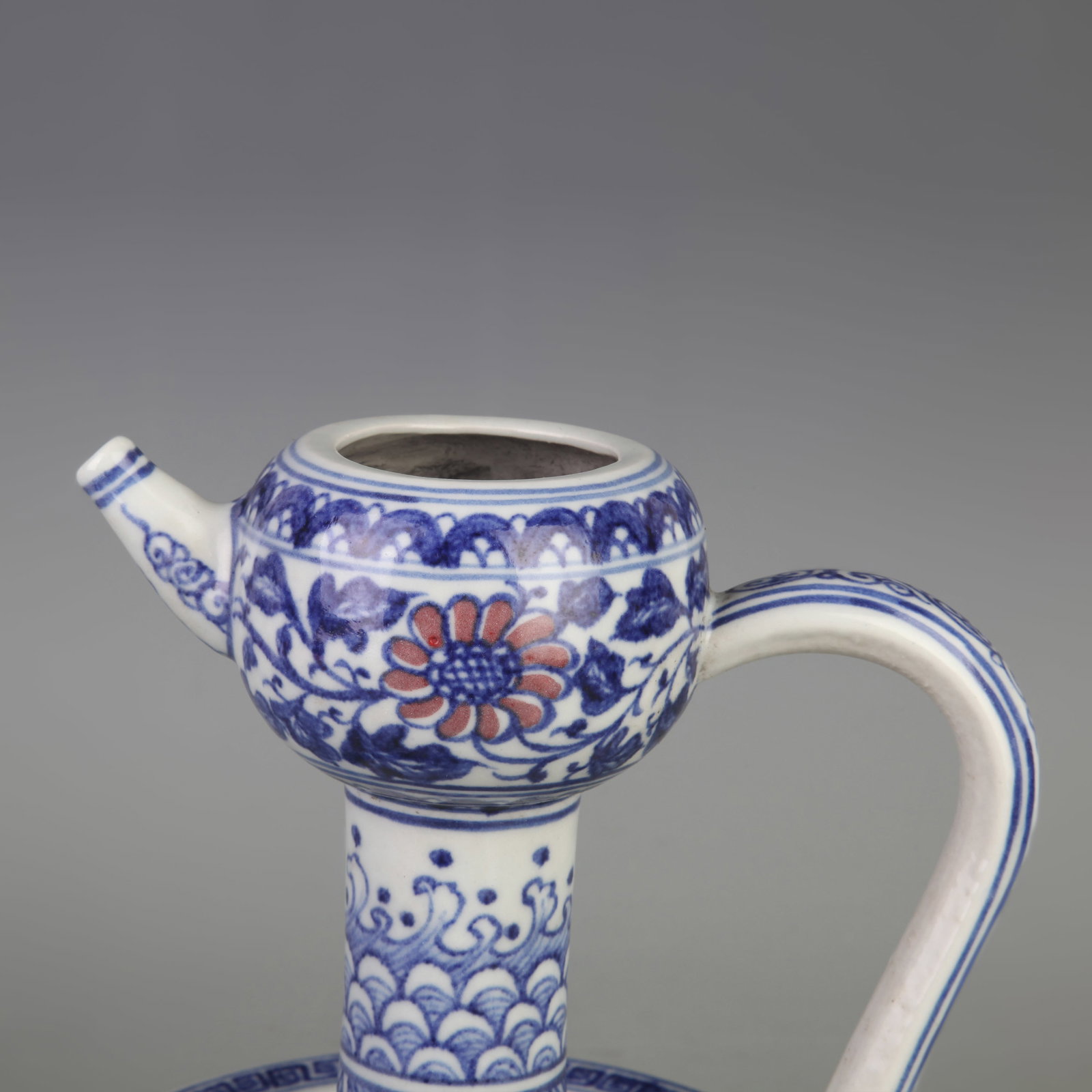 BLUE-AND-WHITE UNDERGLAZE RED FLOWER PATTERN EWER - 2