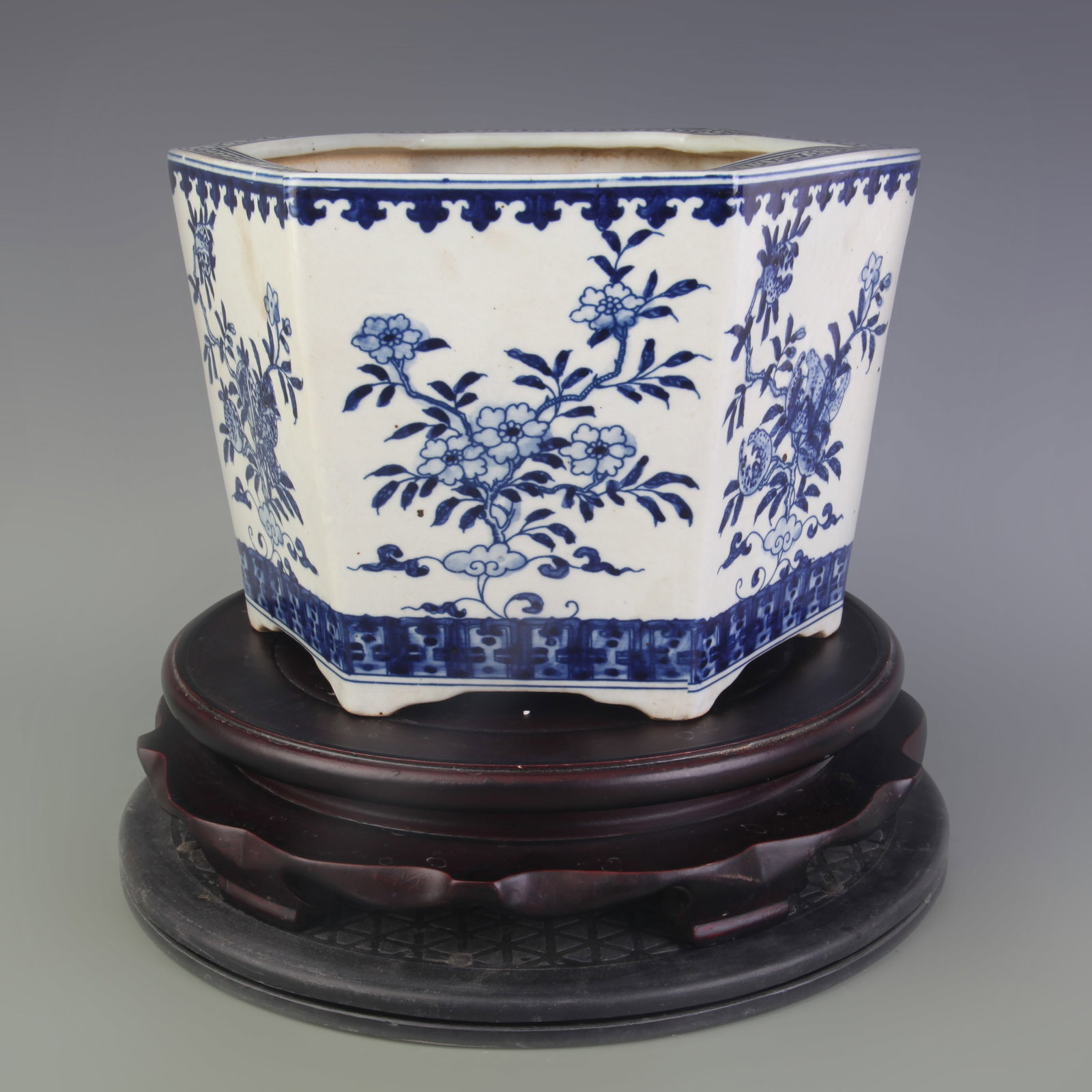 BLUE AND WHITE HEXAGONAL FLOWERPOT WITH FLORAL PATTERNS - 4