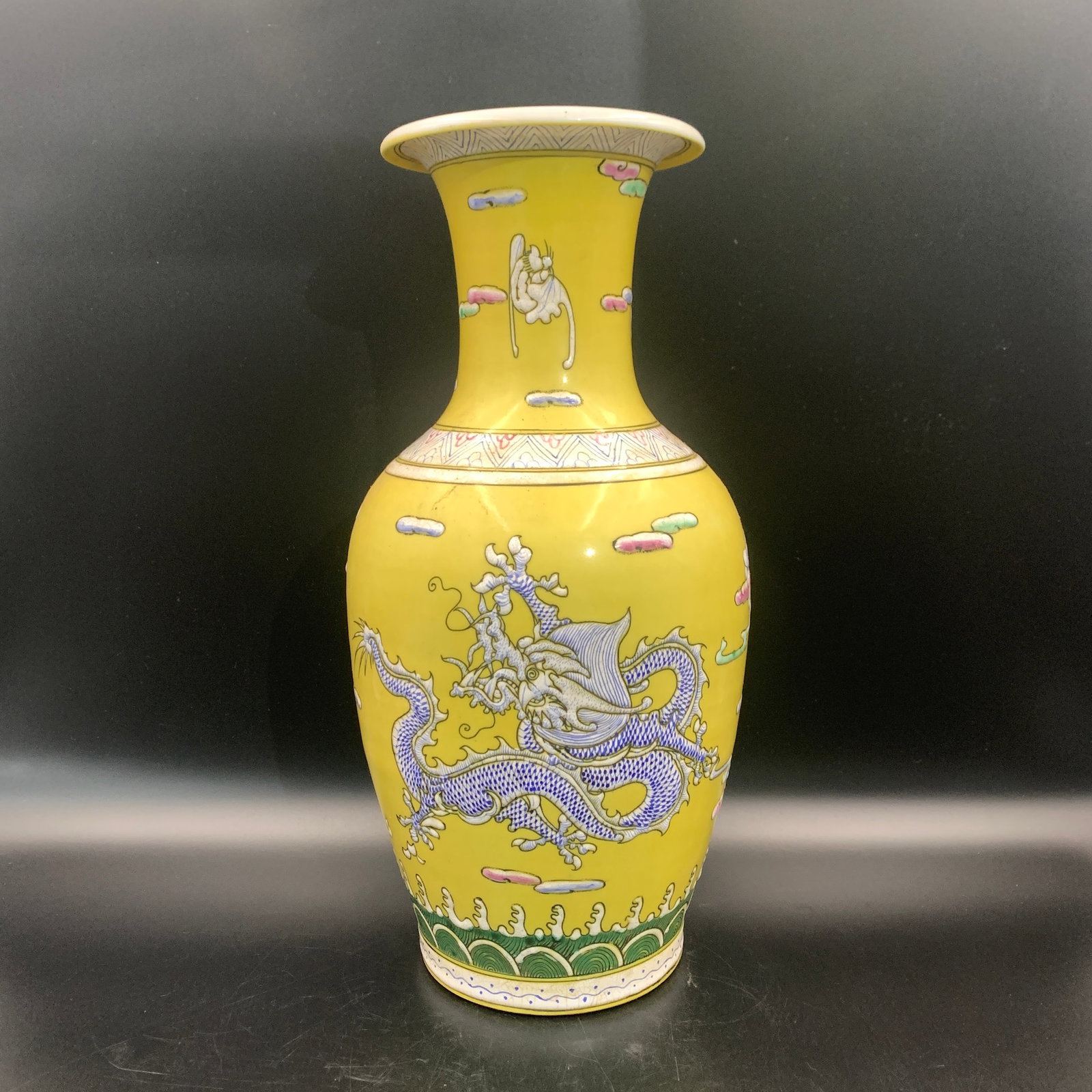 IMPERIAL YELLOW-GROUND BLUE DRAGON BALUSTER PORCELAIN VASE