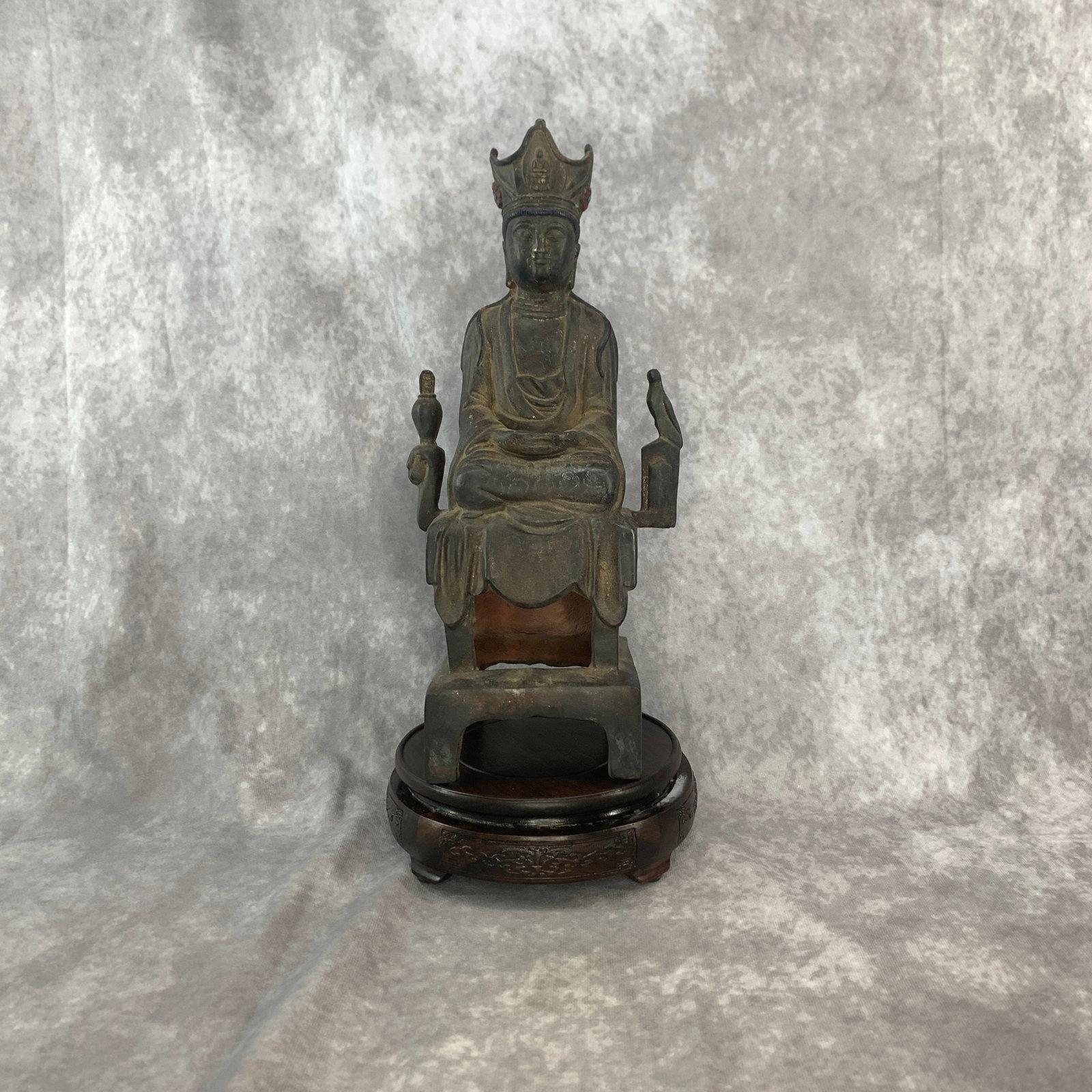 A FINE BRONZE KSITIGARBHA BODHISATTVA (DIZANG WANG) STATUE: Ming Dynasty Style; Long: 4.2 inch; Width: 4.2 inch; High: 13 inch; Wooden base for diplay only