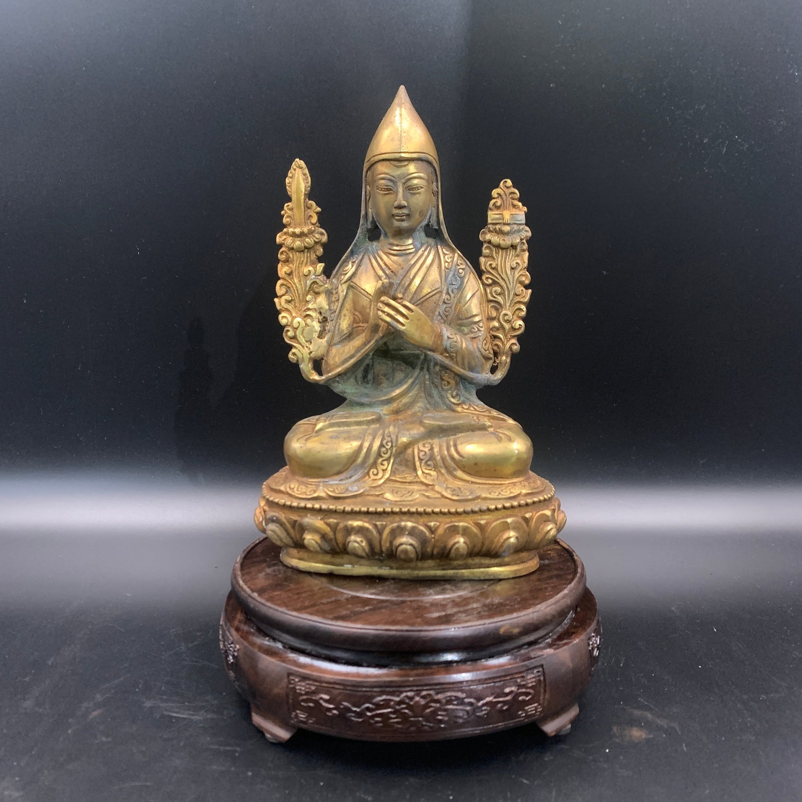 GILT BRONZE TIBETAN BRONZE TSONGKHAPA STATUE: Qing Dynasty; Long: 5.5 inch; Width: 3.4 inch; High: 8.4 inch; Wooden base for diplay only