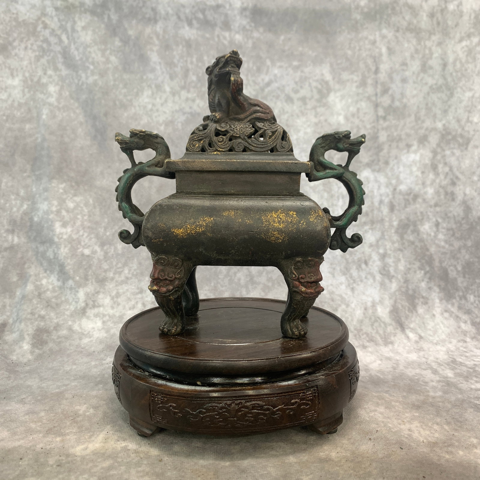 BRONZE DRAGON-HANDLED TRIPOD INCENSE CENSER (DING)