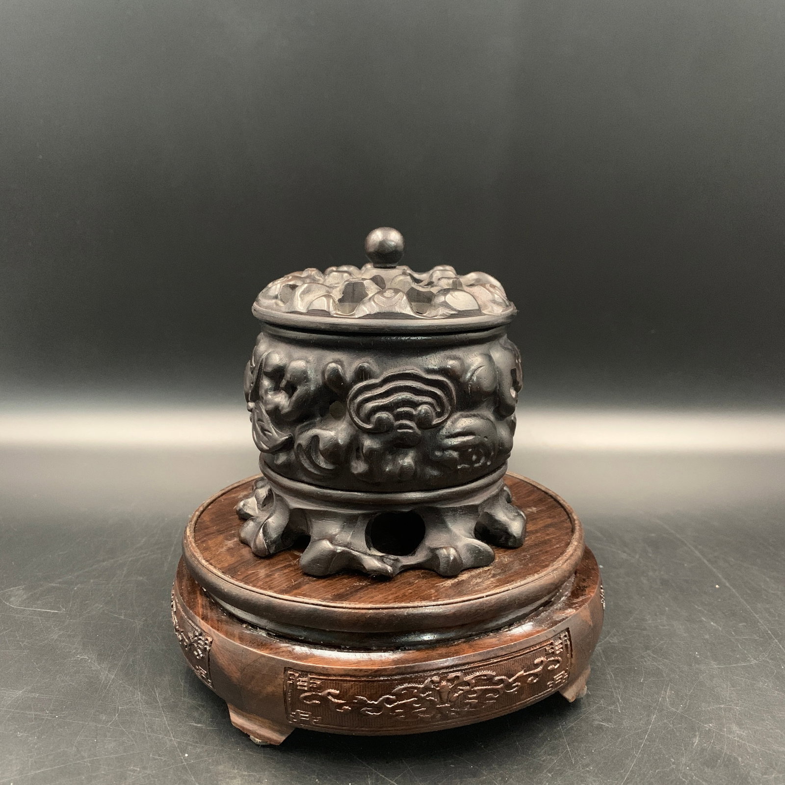 CARVED ZITAN WOOD TAOTIE MASK PATTERN SMALL INCENSE BURNER