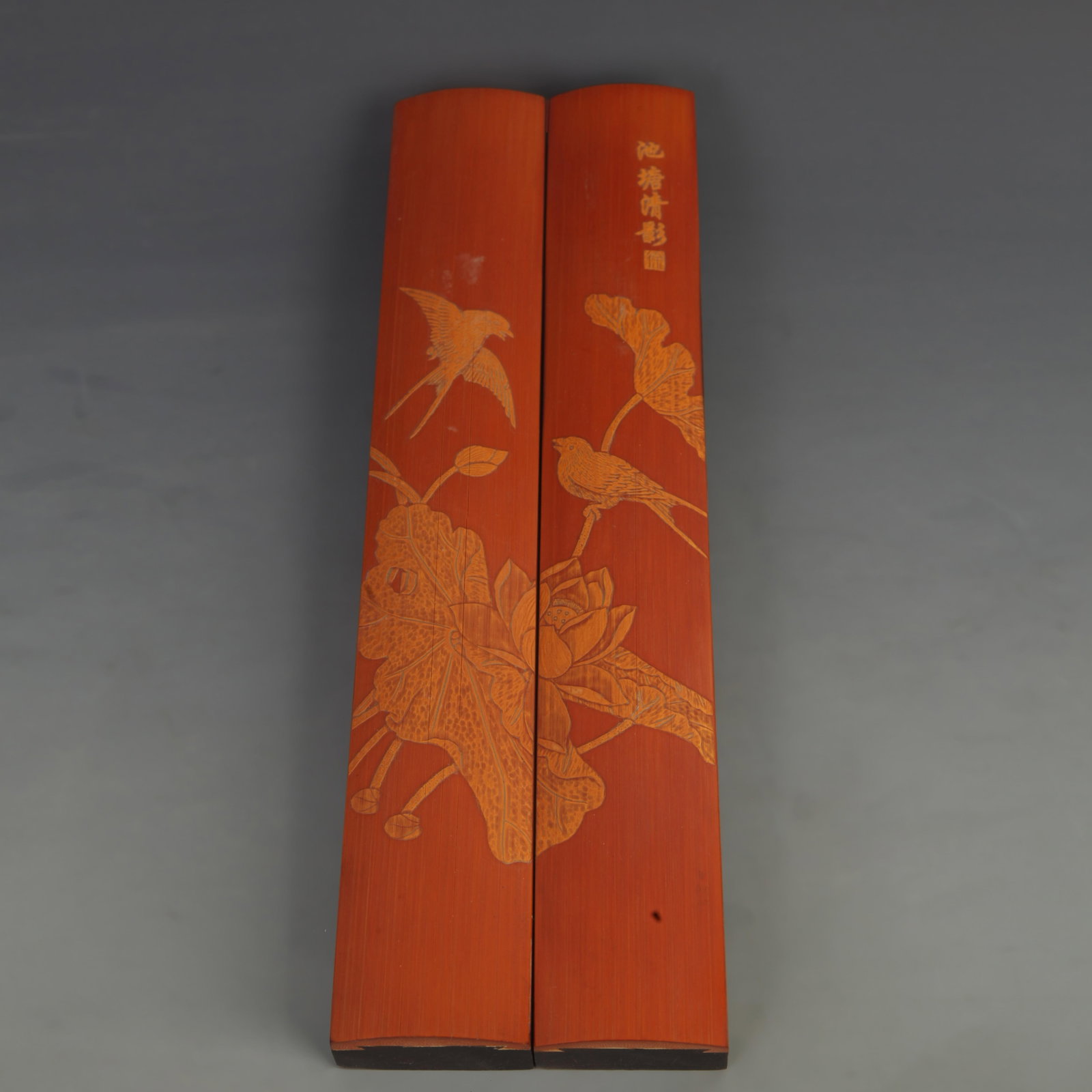PAIR OF EBONY WOODPAPER WEIGHT INLAID WITH BAMBOO CARVING