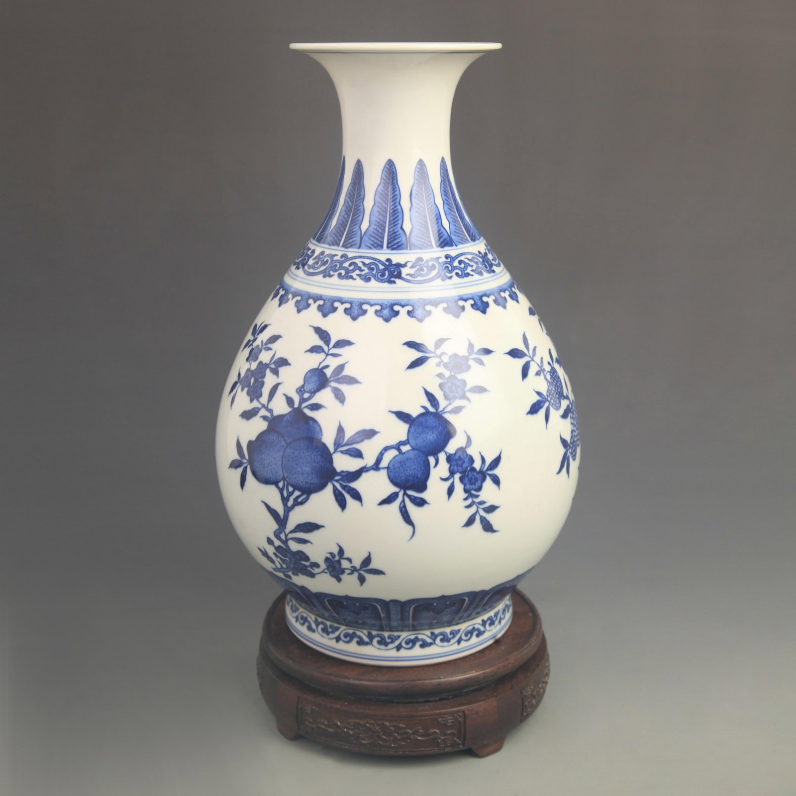 BLUE AND WHITE “FU?? (BLESSING) AND “SHOU?? (LONGEVITY) YUHUCHUN VASE: Qing Dynasty Qian Long Period; High: 12.8 inch;Diameter: 7.50 inch; Wooden base for diplay only