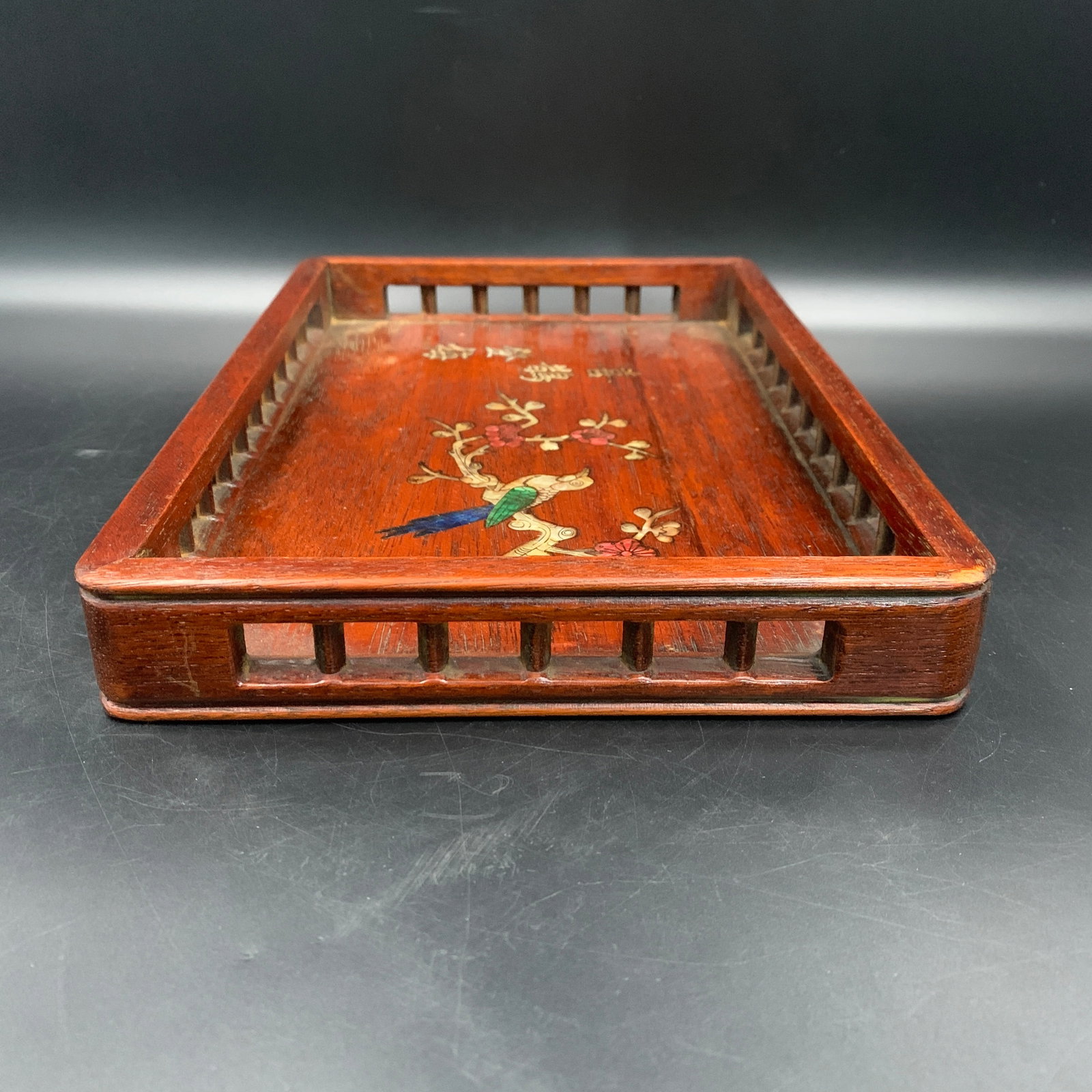 A FINE INLAID AND LACQUERED HARDWOOD RECTANGULAR TEA TRAY - 3
