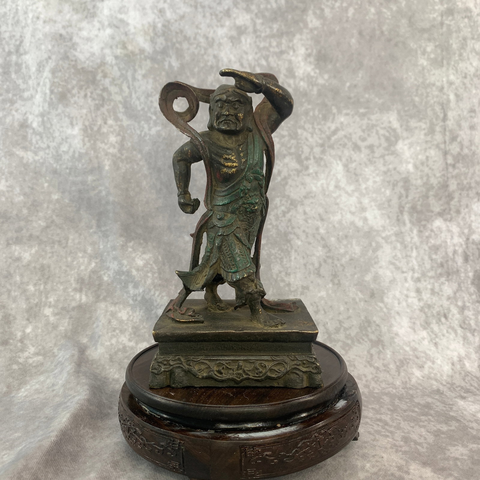 BRONZE STATUE OF QIANLIYAN (THE FAR-SEER DEITY): Ming Dynasty Style; Long: 4.2 inch; Width: 3.5 inch; High: 7.5 inch; Wooden base for diplay only