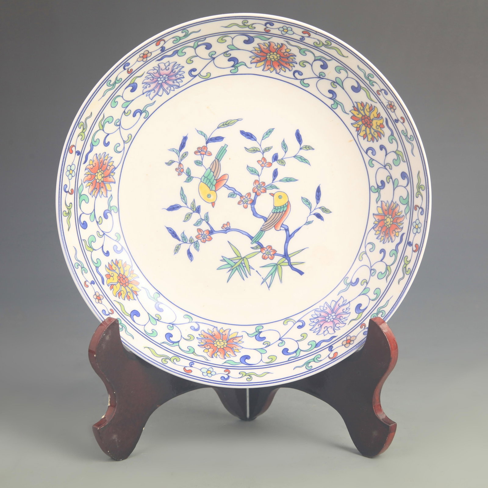 DOUCAI EIGHT-TREASURE PATTERNED PORCELAIN PLATE: Qing Dynasty Yong Zheng Period Diameter:Diameter: 8.20 inch; Wooden base for diplay only