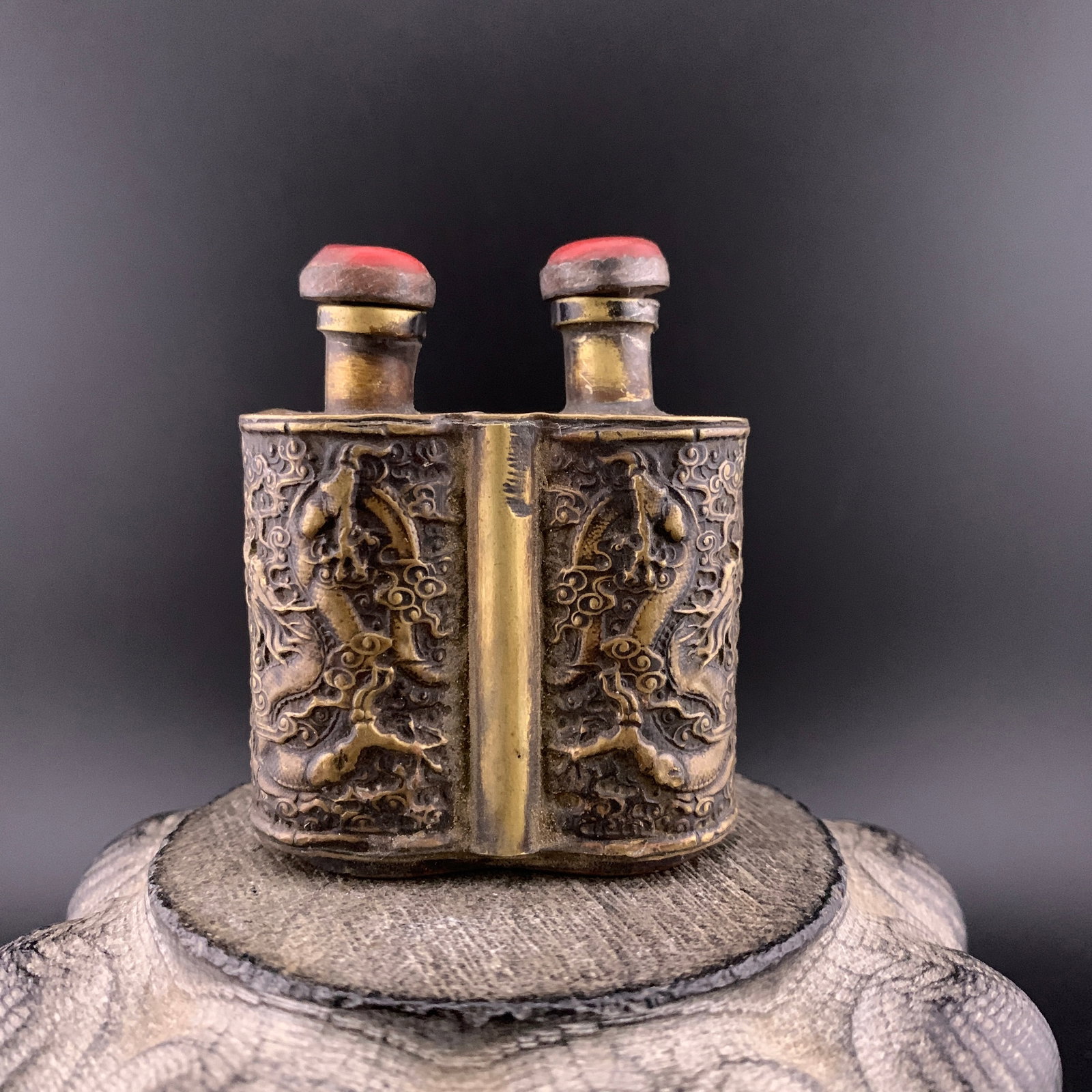 DOUBLE-CHAMBERED BRASS SNUFF BOTTLE: Republic Period; Long: 2 inch; Width: 1.1 inch; High: 2.5 inch; Wooden base for diplay only