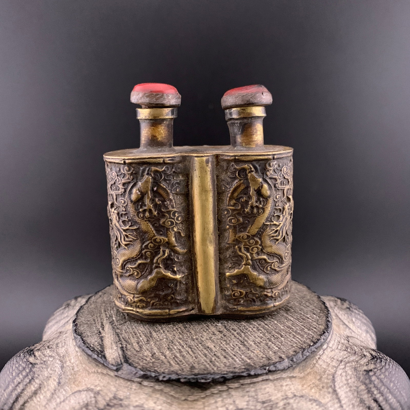 DOUBLE-CHAMBERED BRASS SNUFF BOTTLE - 5
