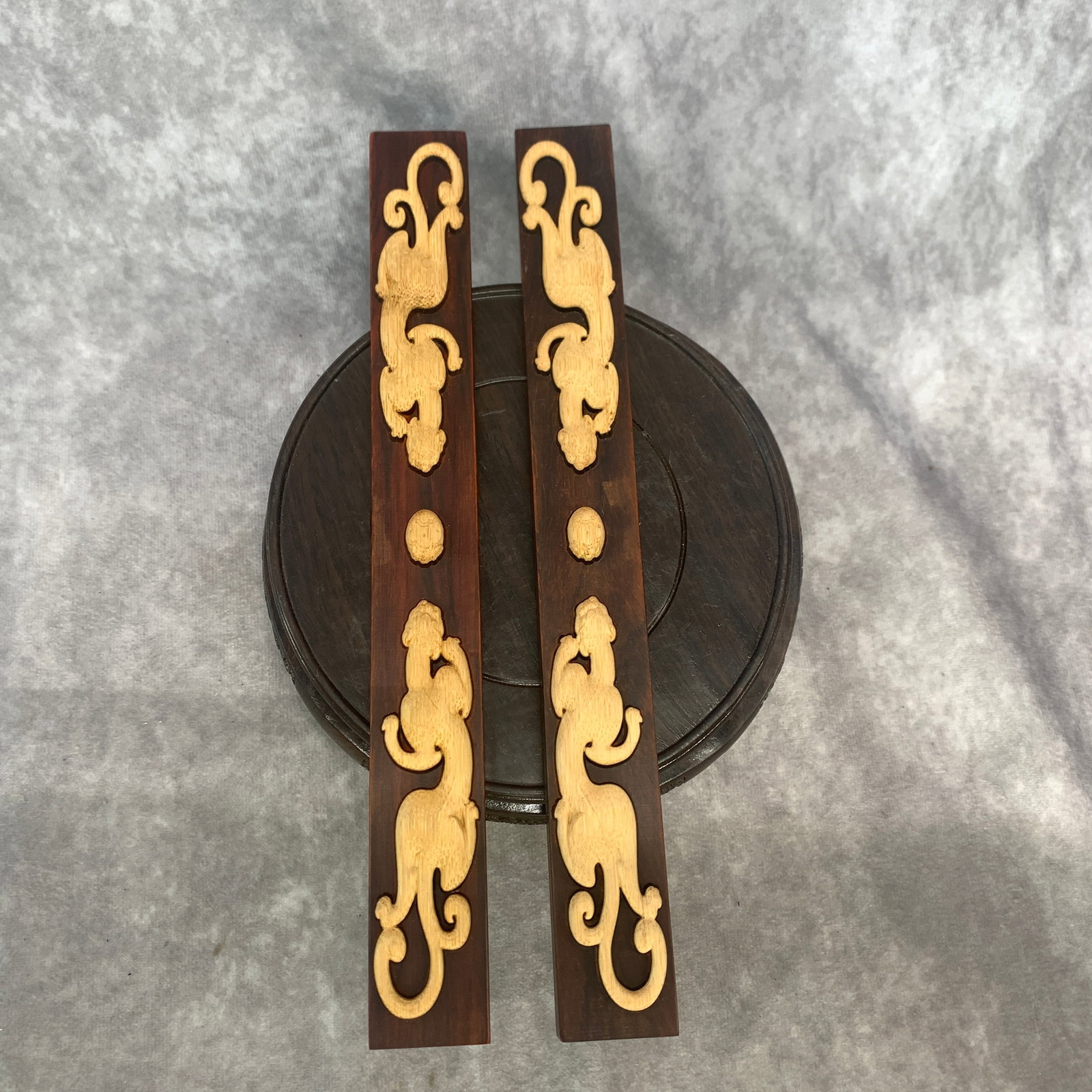 PAIR OF ZITAN AND BOXWOOD INLAID DRAGON PAPERWEIGHTS