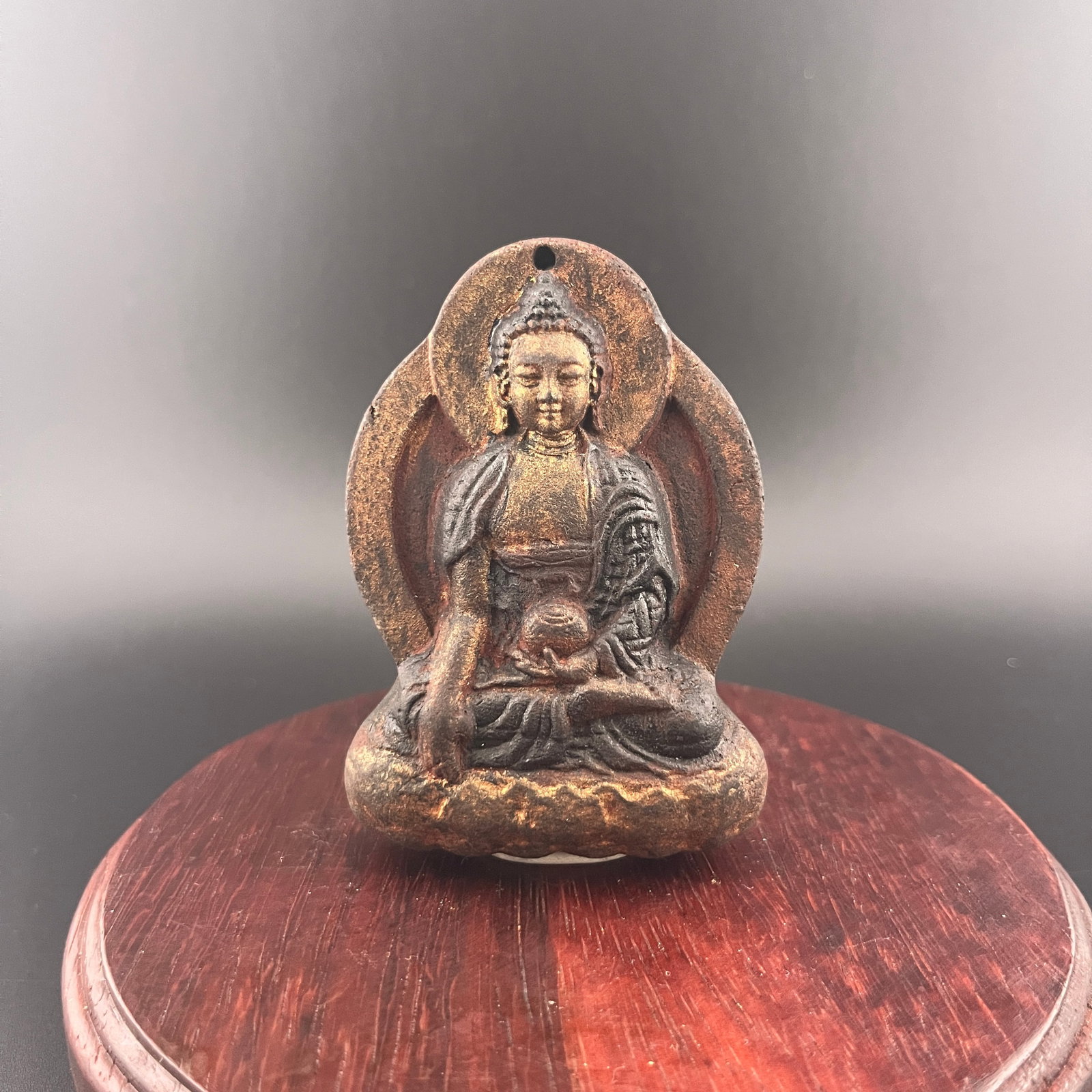 A SMALL HERBAL MEDICINE WOOD MADE BUDDHA STATUE: Modern; Width: 2.2 inch; High: 3.1 inch; Wooden base for diplay only