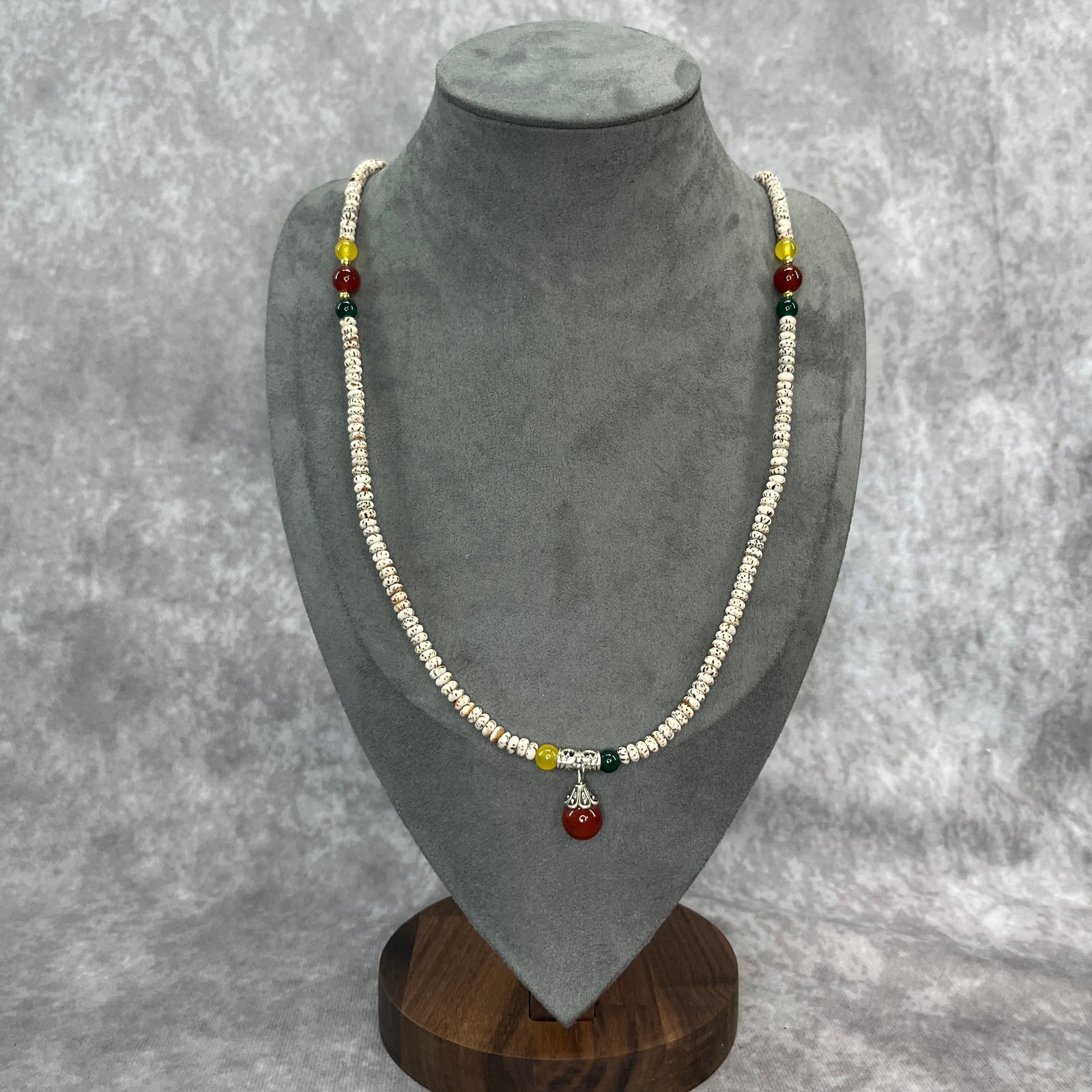 STAR-MOON BODHI SEED MALA WITH BLUE CHALCEDONY