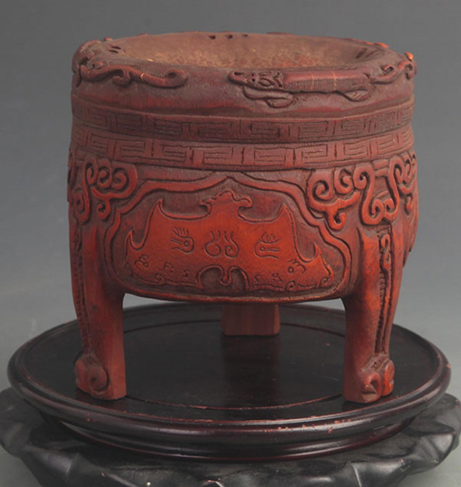 BAMBOO CARVED DING-FORM COLD INCENSE BURNER WITH THREE BLESSINGS AND THREE LONGEVITY CHARACTERS