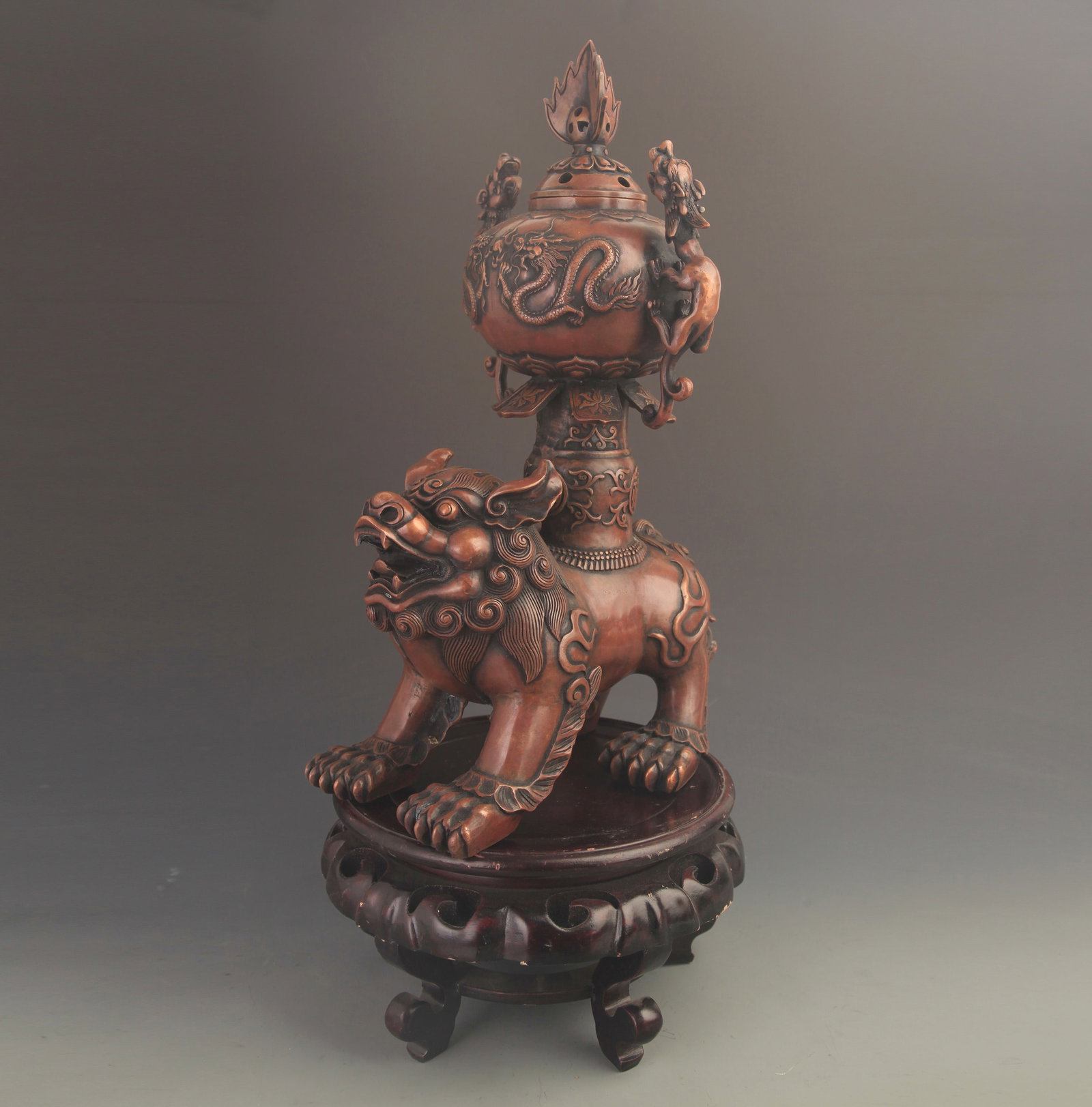 RARE BRONZE INCENSE BURNER WITH MYTHOLOGICAL BEAST DESIGN: 19th Century, High: 16.00 inch; Long: 10.5 inch; Width: 5.25 inch; Wooden base for diplay only