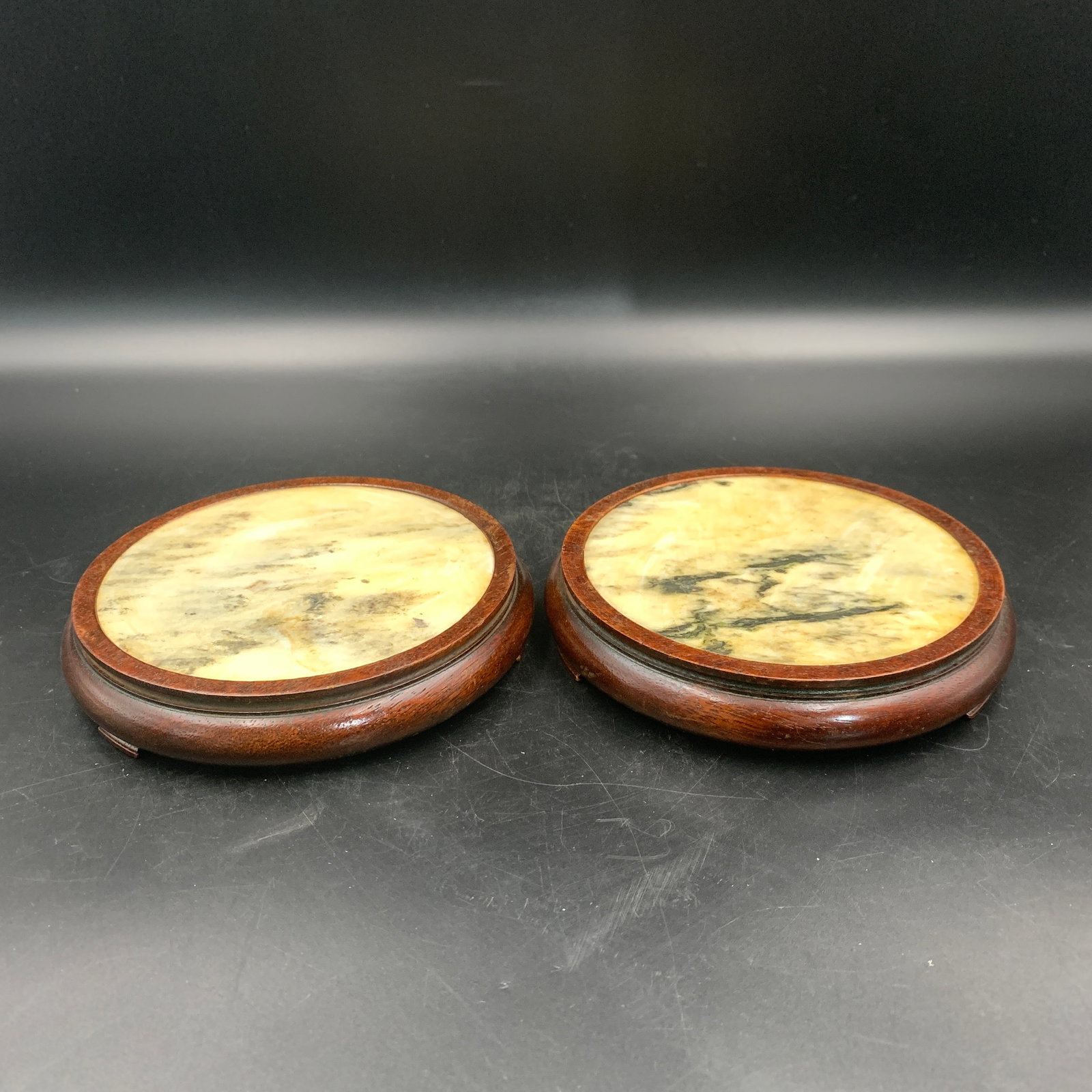 PAIR OF FINE HARDWOOD STANDS INSERTED WITH MARBLE PANELS