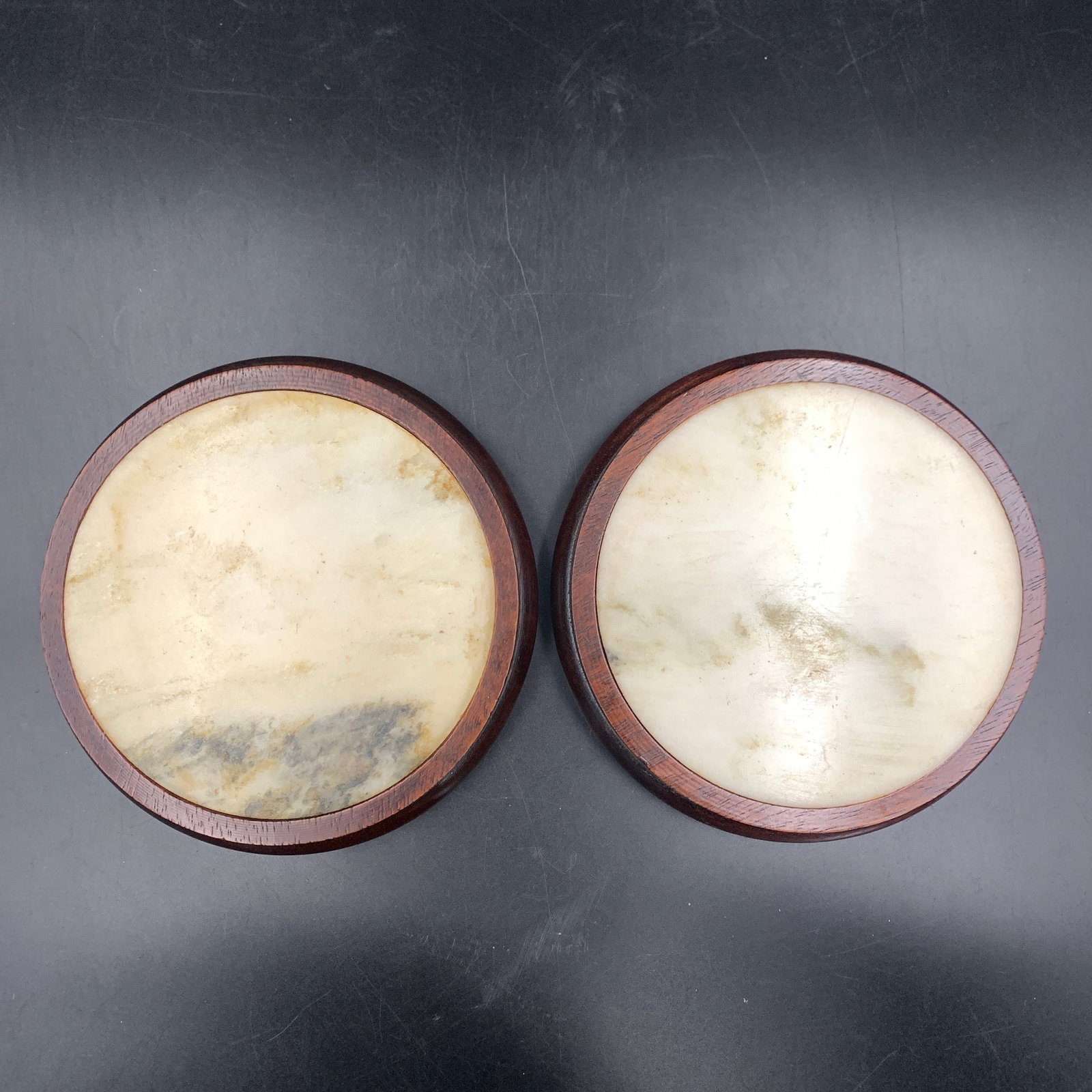 PAIR OF FINE HARDWOOD STANDS INSERTED WITH MARBLE PANELS