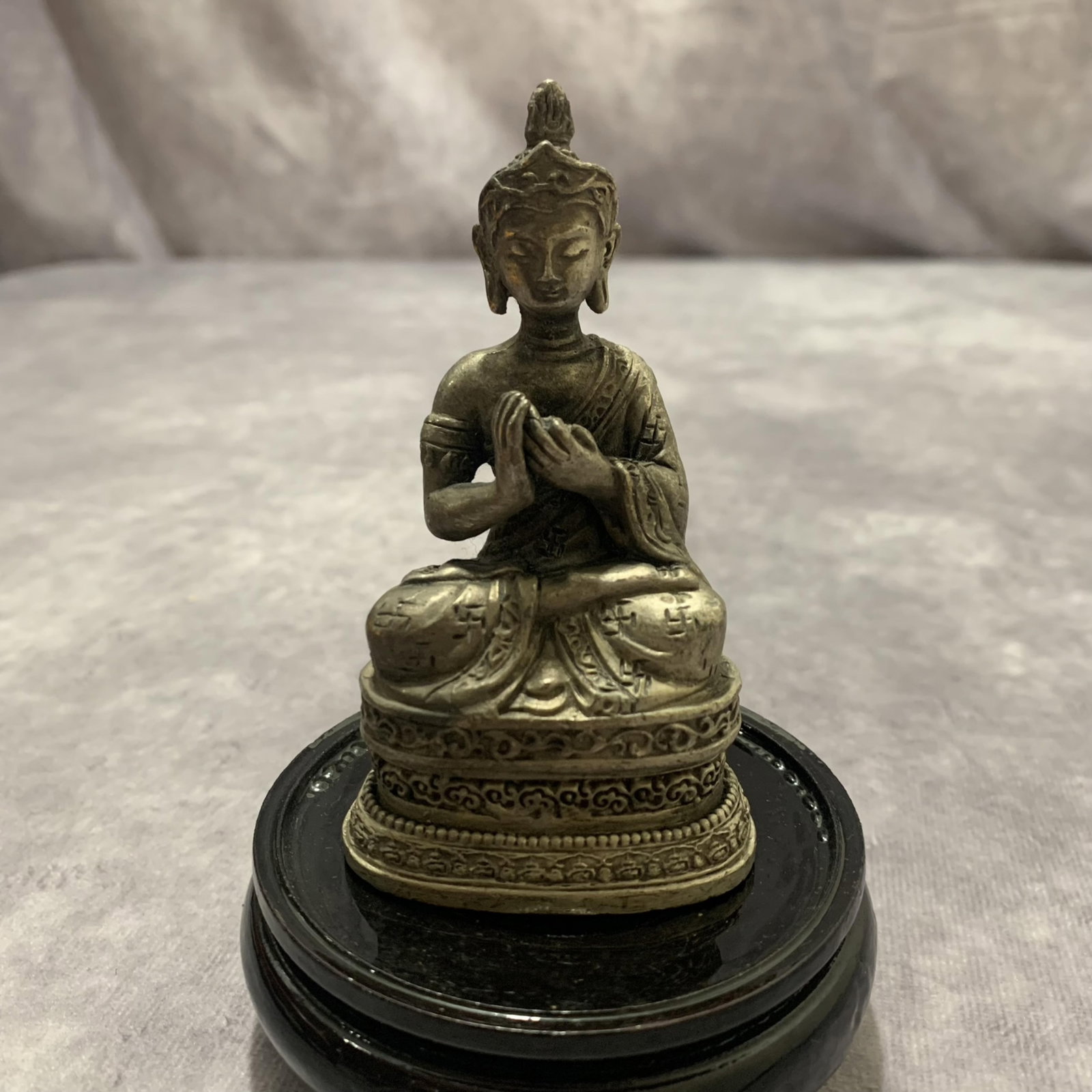 A FINE SMALL TIBETAN BUDDHIST STATUES: 20th Century; Long: 2.0 inch; Width: 3.7 inch; Wooden base for diplay only