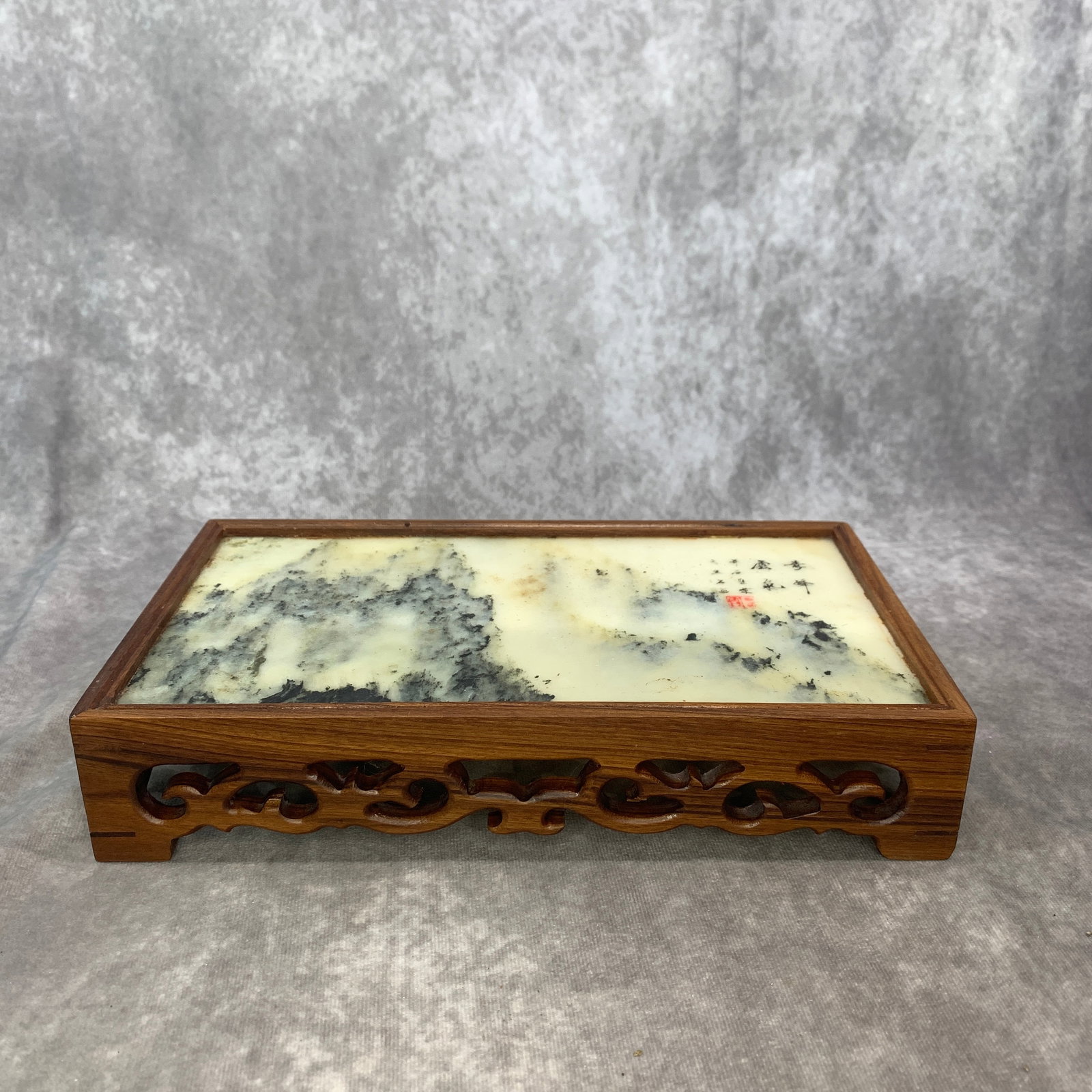 A FINE STONE MARBLE INSET HARDWOOD STAND: Modern; Long: 11.1 inch; Width: 6.4 inch; High: 2.1 inch