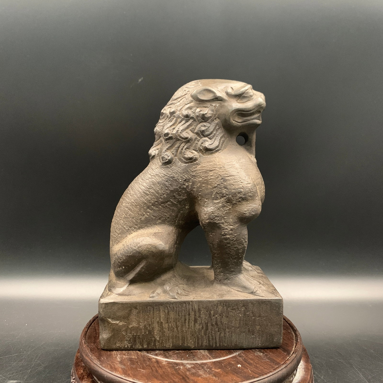 A FINE STONE MADE PIXIU FIGURE: Qing Dynasty; Long: 4.6 inch; Width: 3.1 inch; High: 7 inch; Wooden base for diplay only