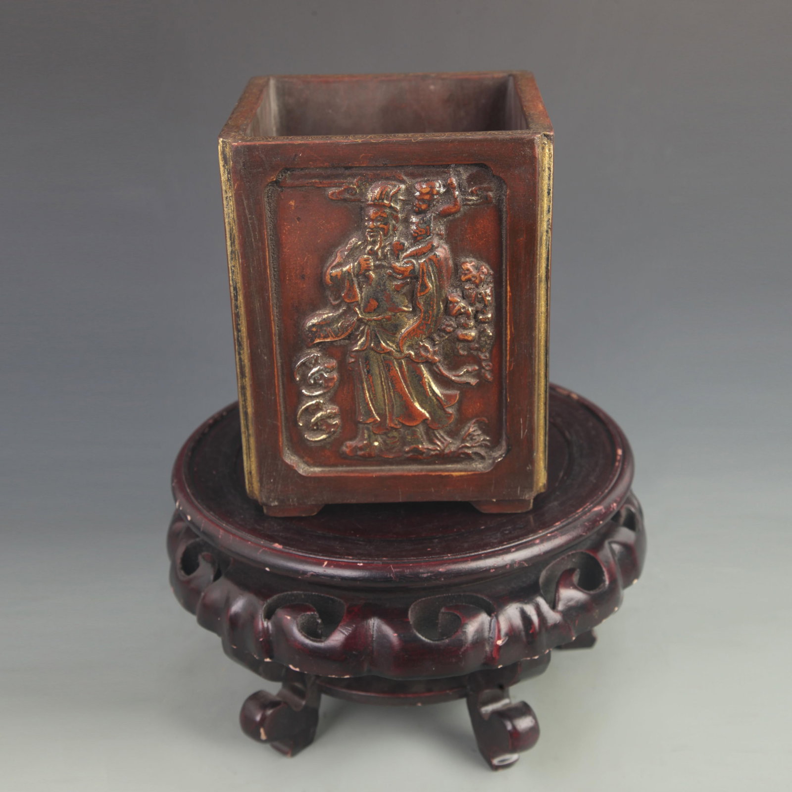 WOOD CARVING GILDED "FORTUNE, PROSPERITY, LONGEVITY, AND JOY" FOUR-SIDED BRUSH POT