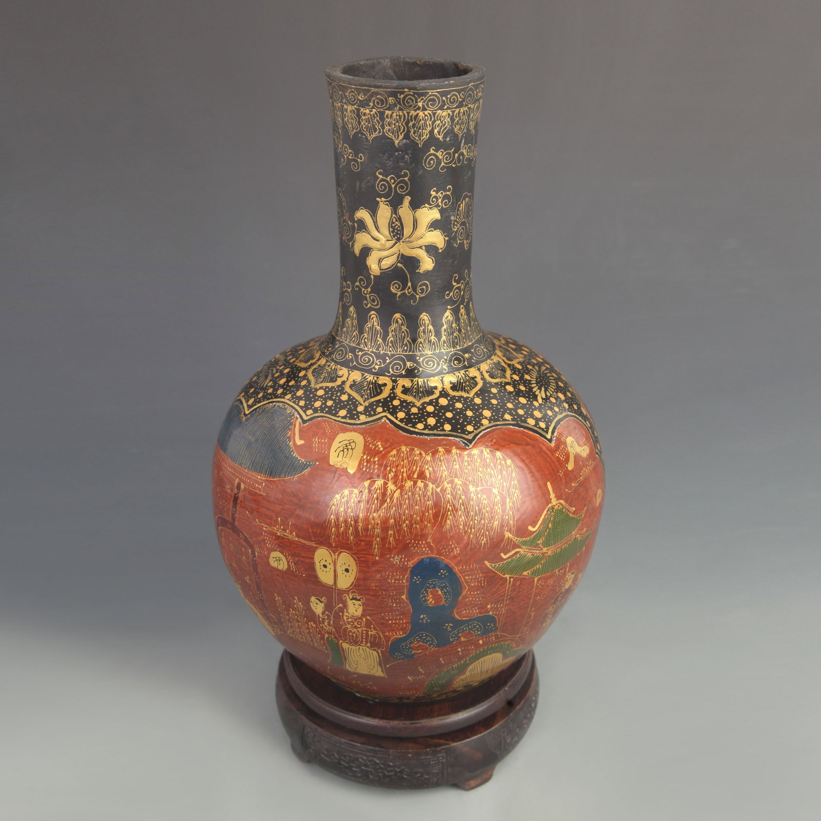 PAINTED LACQUER AND GOLD-PAINTED CELESTIAL GLOBE WOODEN VASE: Qing Dynasty; High: 12.0 inch; Diameter: 2.75 inch; Wooden base for diplay only