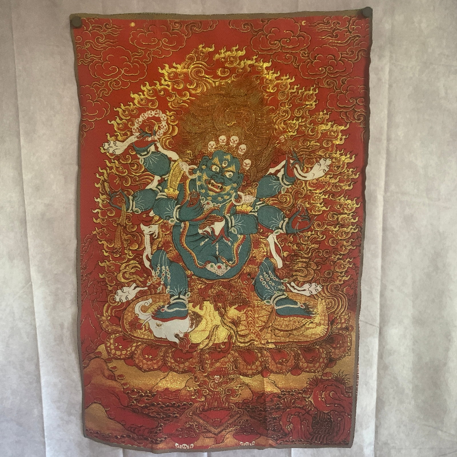 TIBETAN GROUND OUTLINE SIX-ARMED MAHAKALA THANGKA ON SILK