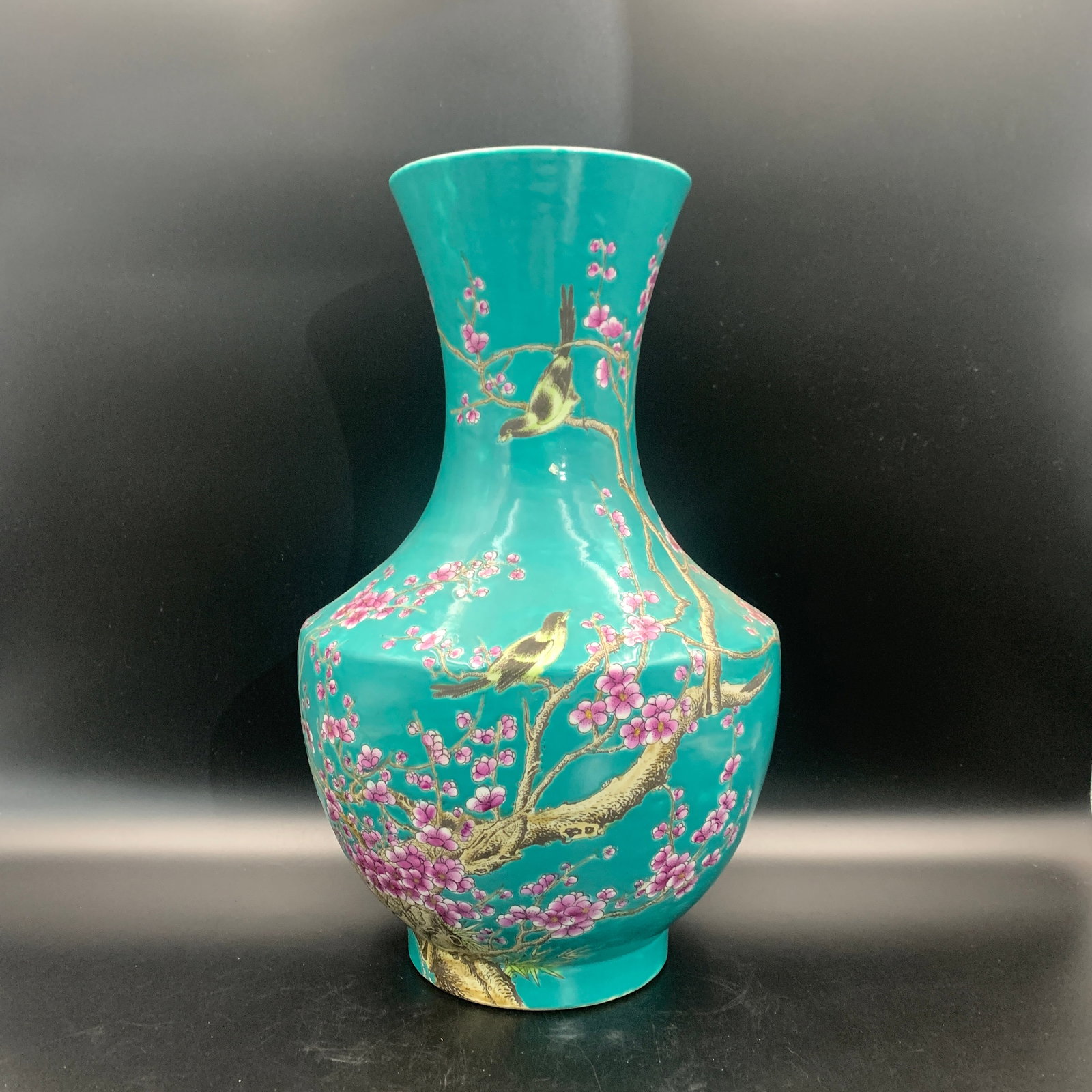 TURQUOISE-GROUND "BIRDS AND PRUNUS" PORCELAIN VASE