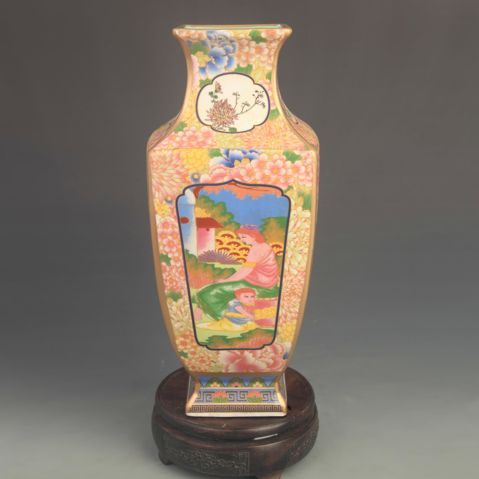 FAMILLE ROSE ENAMEL SQUARE VASE WITH WESTERN FIGURES