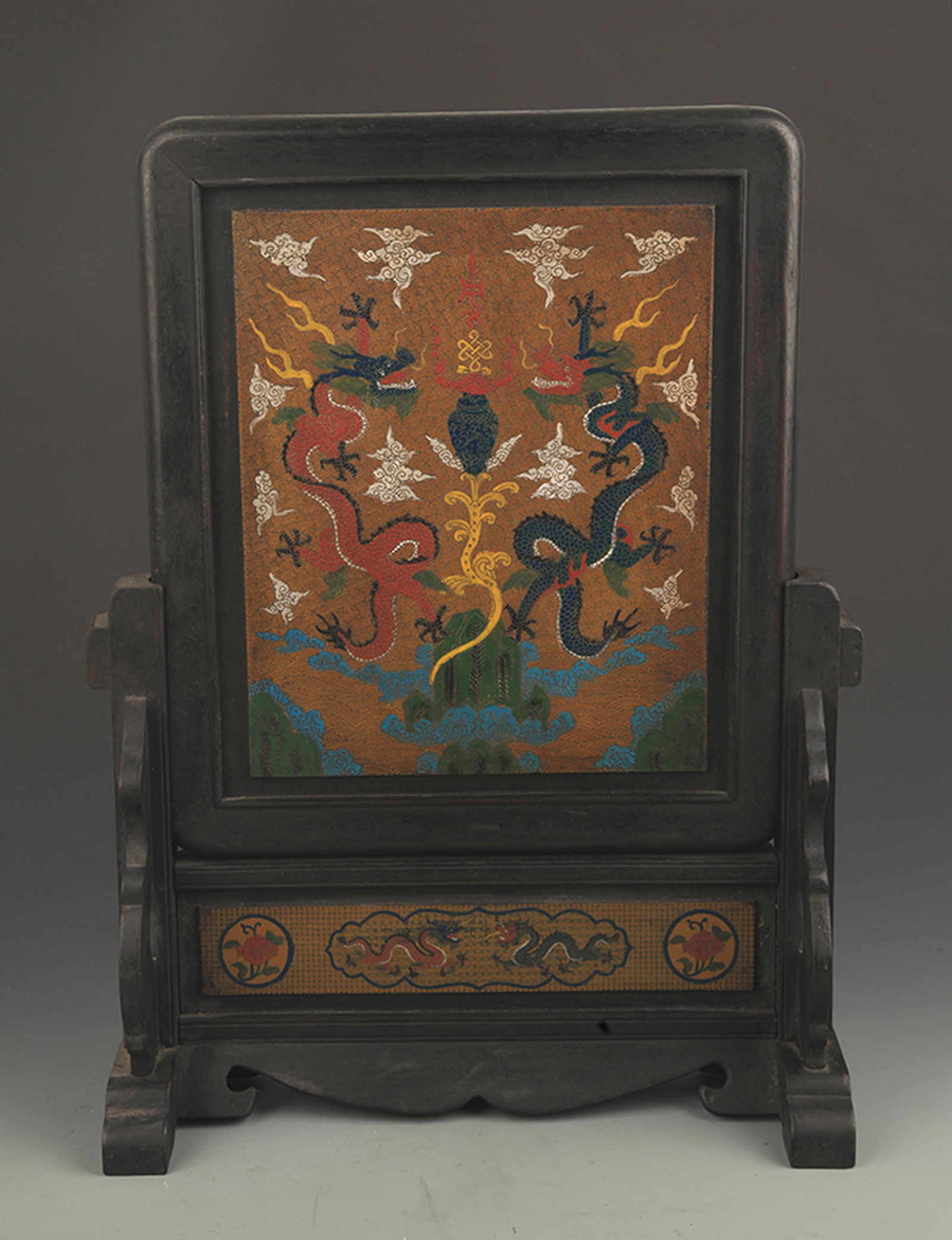RARE FINELY PAINTED ROSEWOOD FINE LACQUER TABLE SCREEN