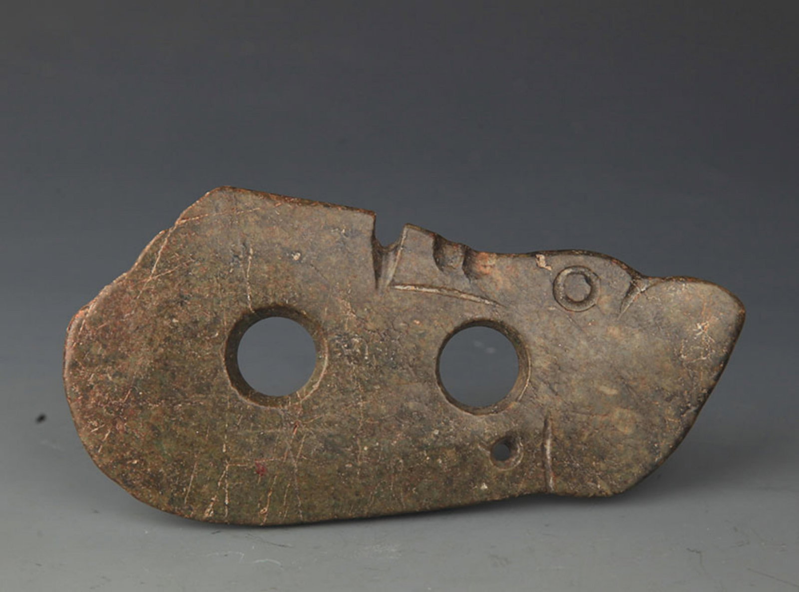 A FINE OLD JADE IN FIGURE OF PIG: Hong Shan Culture Style,High: 5.0 inch; Width: 2.3 inch; Wooden base for diplay only