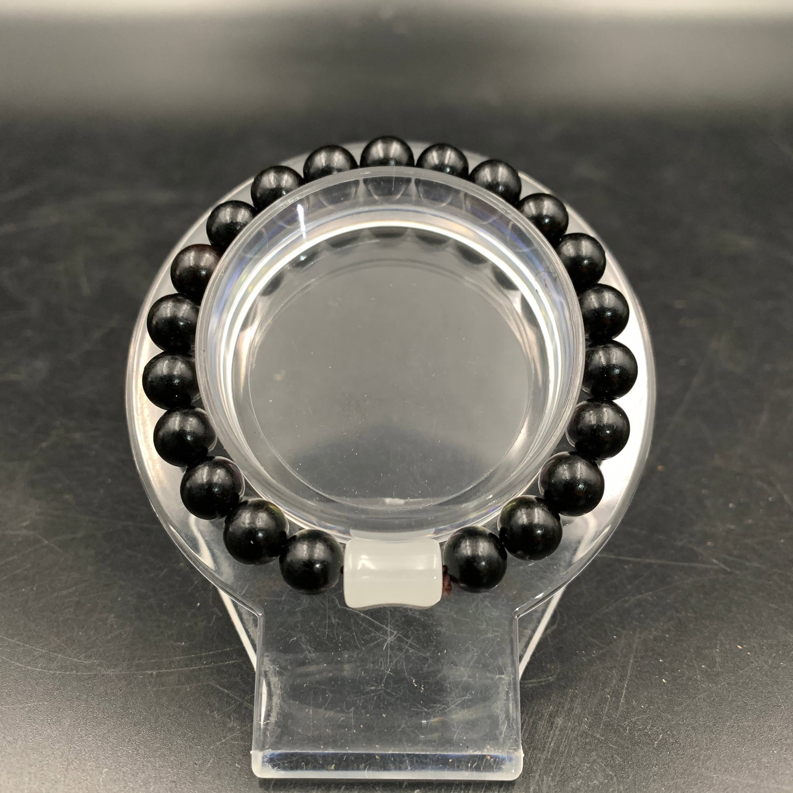 BLACK OBSIDIAN BEAD BRACELET WITH WHITE JADE ACCENT