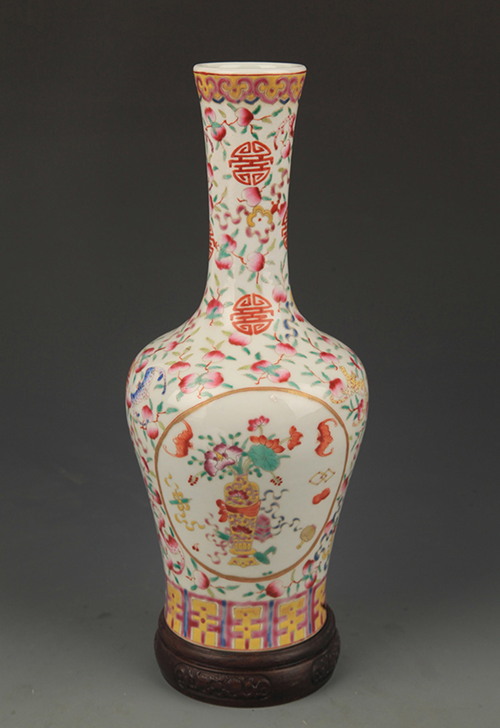 RARE FAMILLE ROSE CLOISONNÉ “BOGU LONGEVITY?? BELL-FORM VASE: Qing Dynasty Qian Long Period; High: 11.00 inch; Diameter: 2.0 inch; Wooden base for diplay only