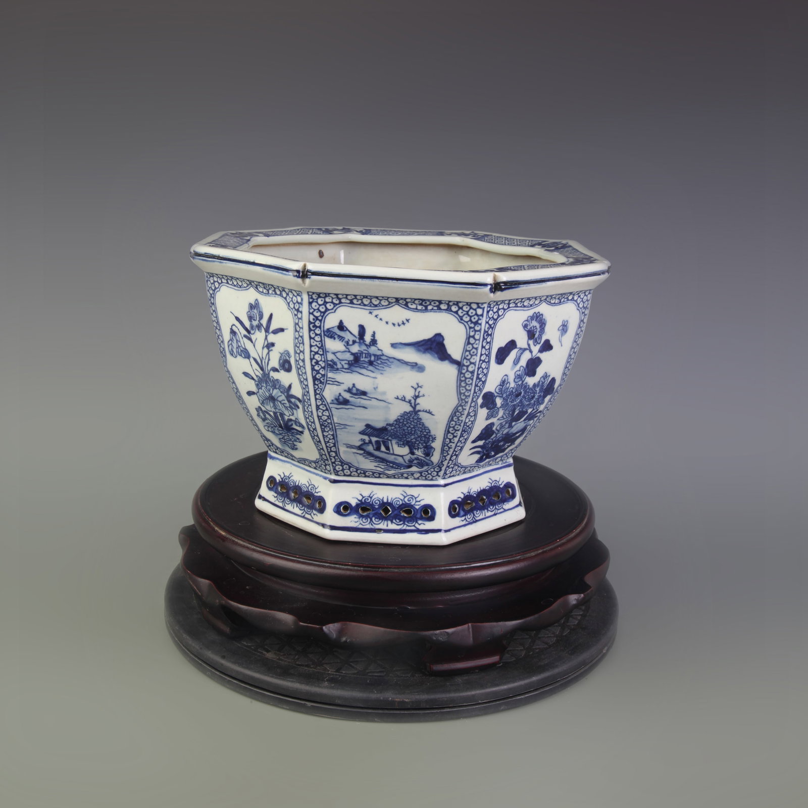 BLUE-AND-WHITE OCTAGONAL FLOWERPOT WITH FLORAL PANELS