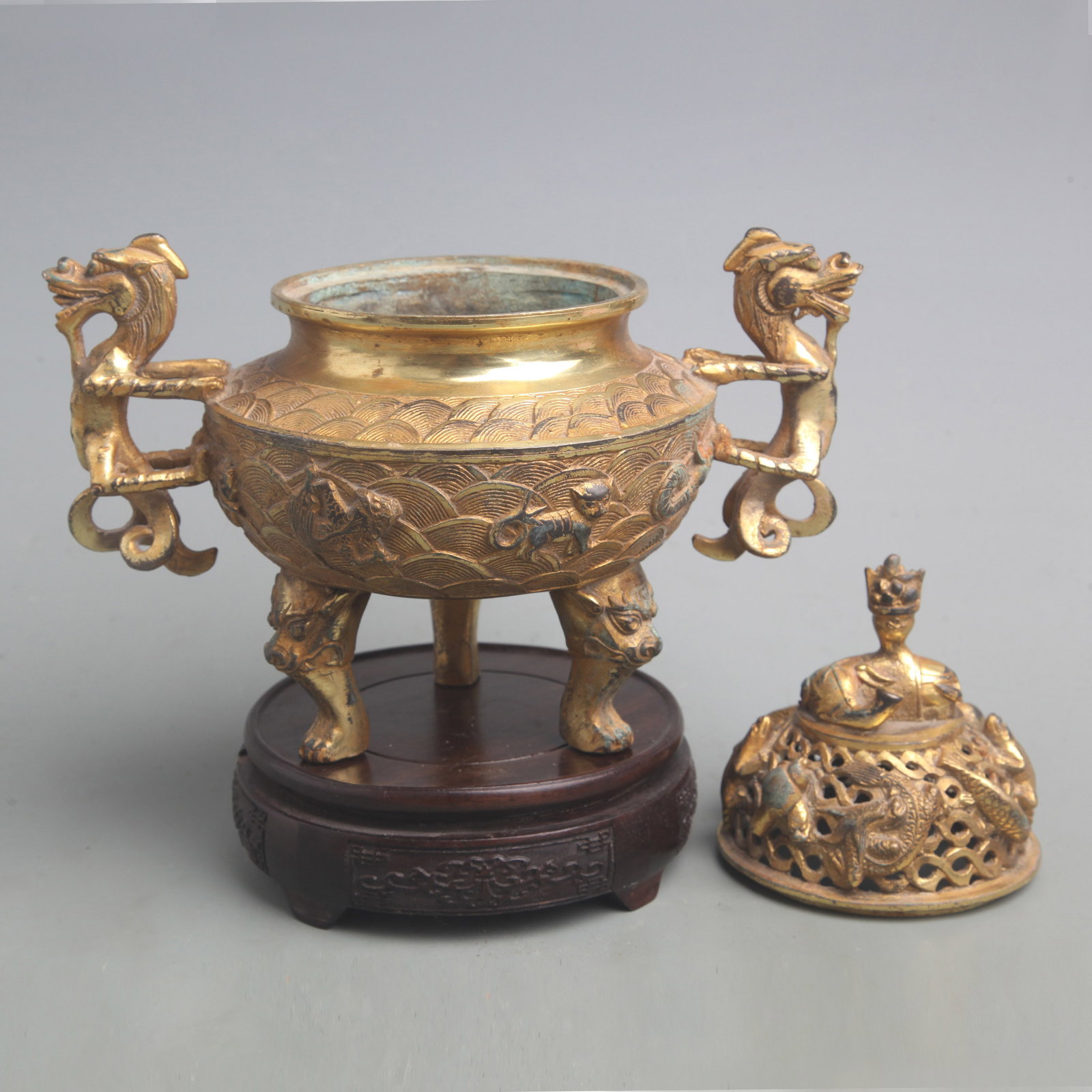 BRONZE INCENSE BURNER WITH DRAGON MOTIFS ON THE LEGS: Ming Dynasty Style; Diameter: 8.2 inch; High: 10.2 inch; Wooden base for diplay only