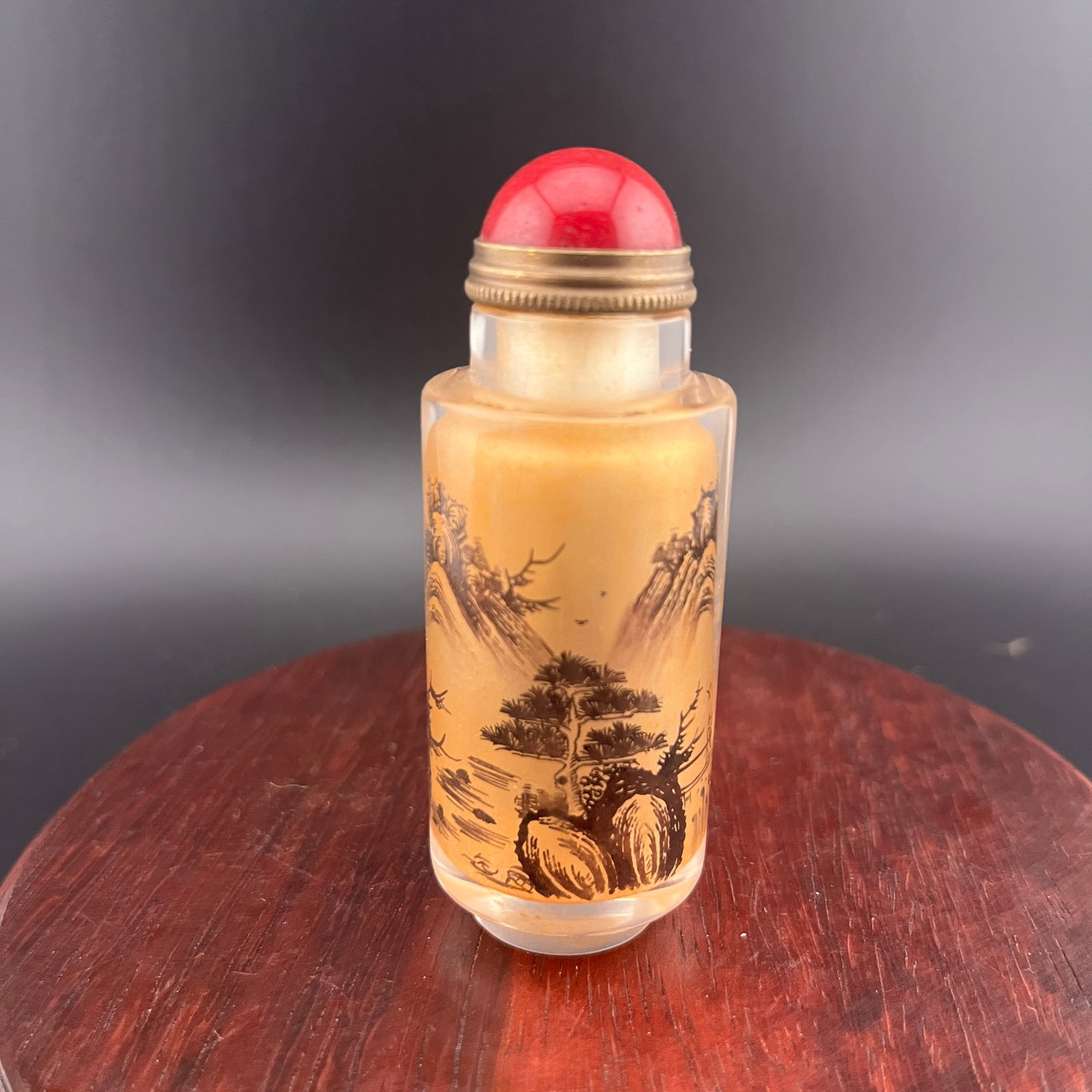INSIDE-PAINTED SNUFF BOTTLES: Modern; High: 2.94 inch; Diameter: 1.1 inch; Wooden base for diplay only