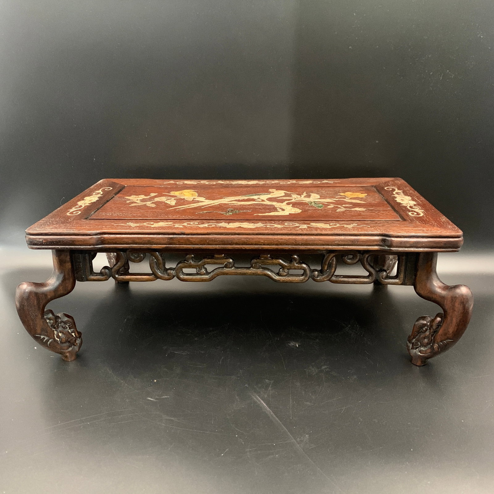 INLAID MOTHER-OF-PEARL AND HARDWOOD MINIATURE TABLE: Modern; Long: 16.5 inch; Width: 10.4 inch; High: 5.5 inch