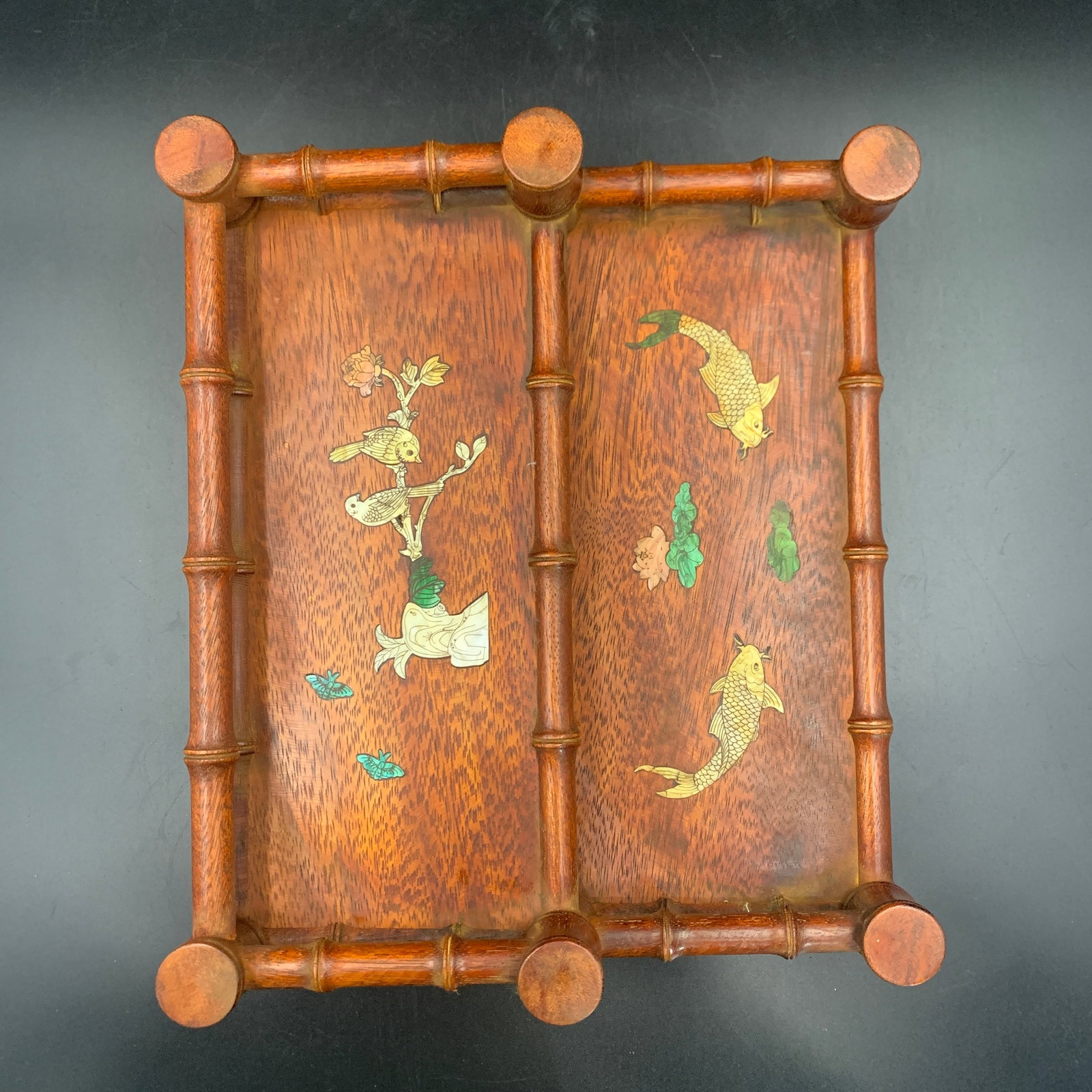 A FINE INLAID HARDWOOD SIMULATED BAMBOO RECTANGULAR TRAY: Modern; Long: 12.4 inch; Width: 10.7 inch; High: 3.3 inch
