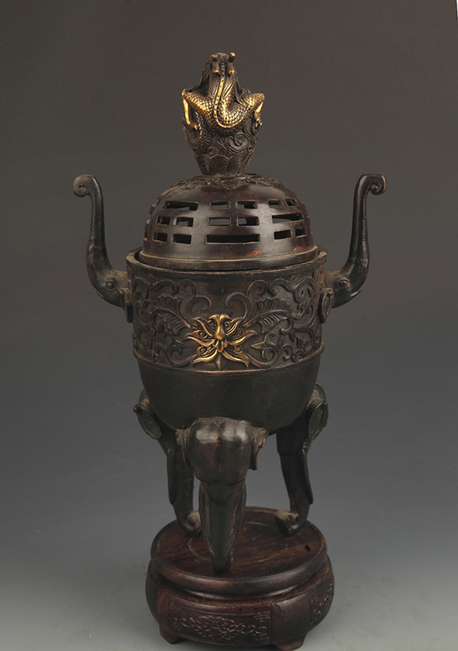 RARE FINE ELEPHANT FOOT DRAGON TOP BRONZE INCENSE BURNER: Ming Dynasty Style; High: 12.00 inch; Width: 4.5 inch; Wooden base for diplay only