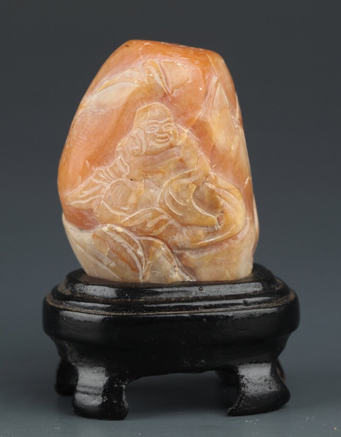 A SOAPSTONE CARVED "MAITREYA BUDDHA": Early 20th Century, W: 1.6 in x H: 1.9 in