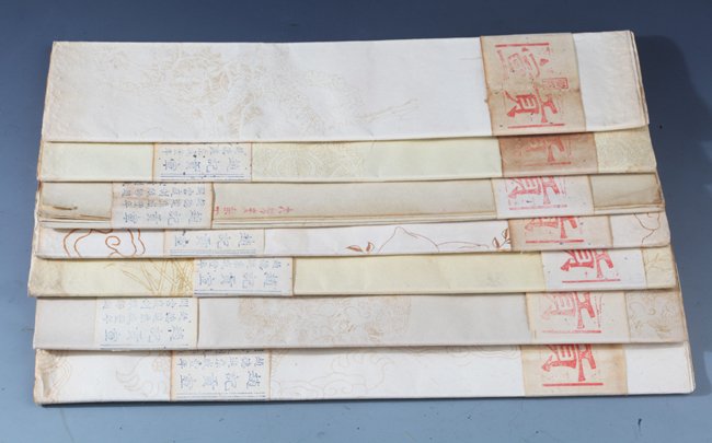 A GROUP OF SEVEN PRINKLE GOLD XUAN PAPER, "WEI ZHOU GON: Qing Dynasty, 52.8 in x 13.8 in